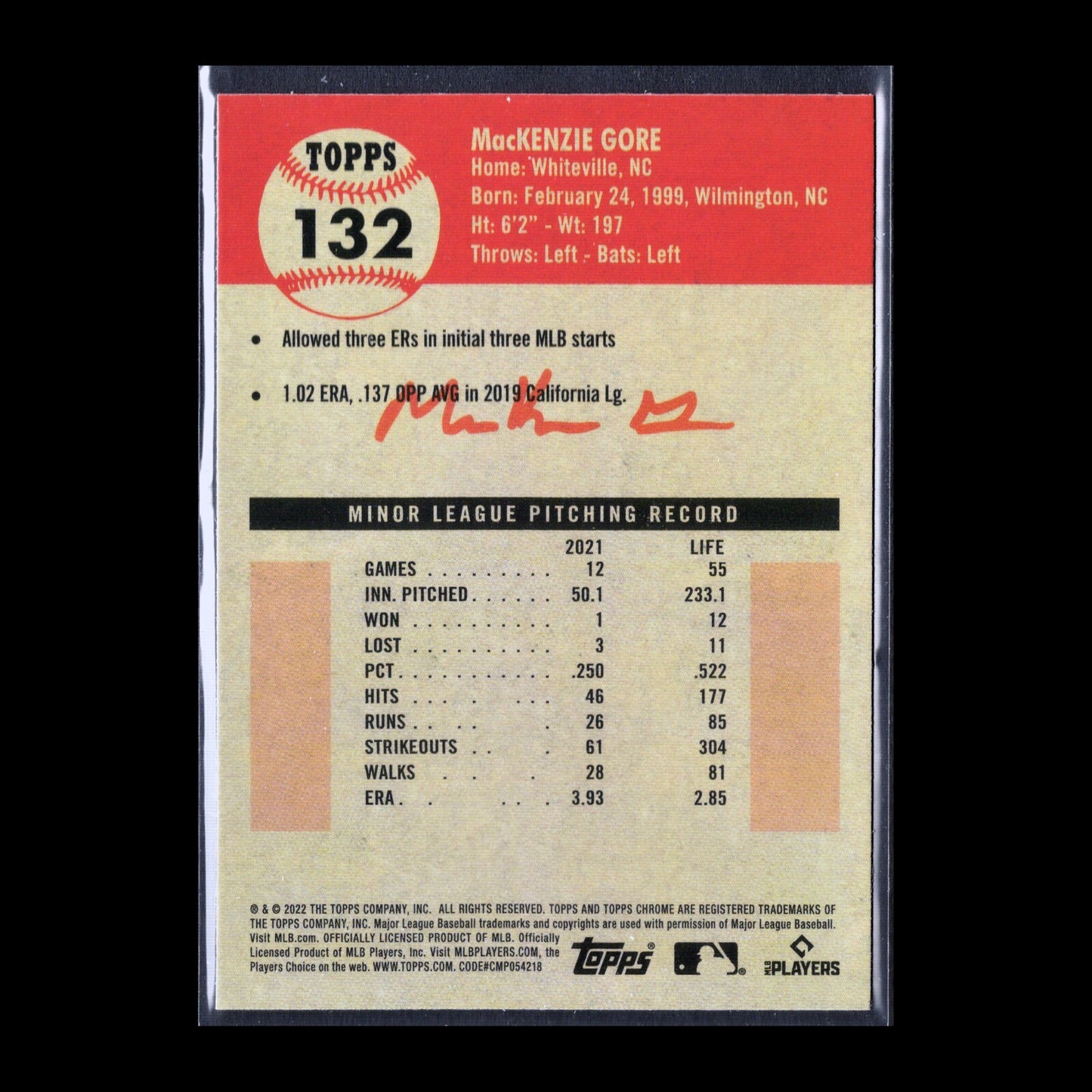 2022 Topps Chrome Platinum Anniversary MACKENZIE GORE #132 RC