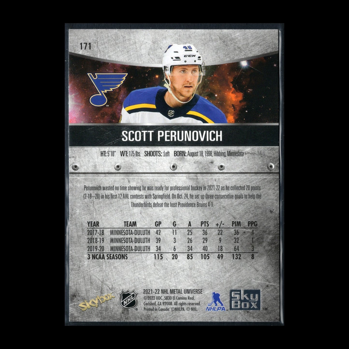 2021-22 SkyBox Metal Universe SCOTT PERUNOVICH #171 Rookie RC - St. Louis Blues