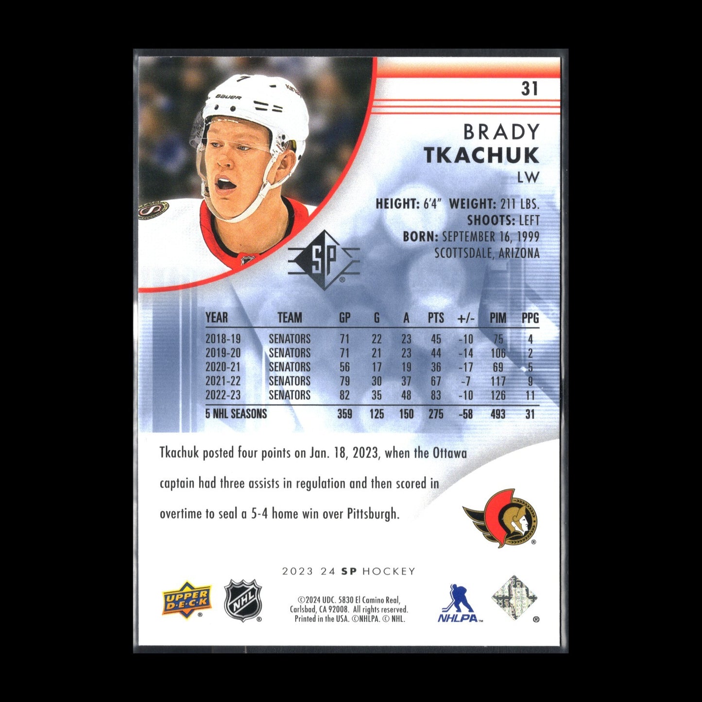 2023-24 UD SP Authentic BRADY TKACHUK #31 Blue parallel - Ottawa Senators