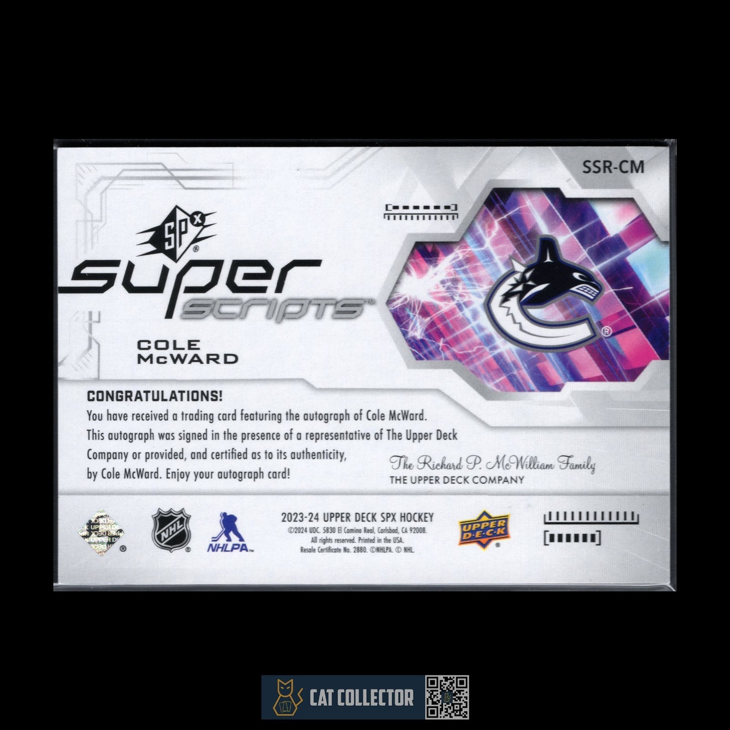 2023-24 UD SPx COLE MCWARD #SSR-CM Super Scripts RC Auto