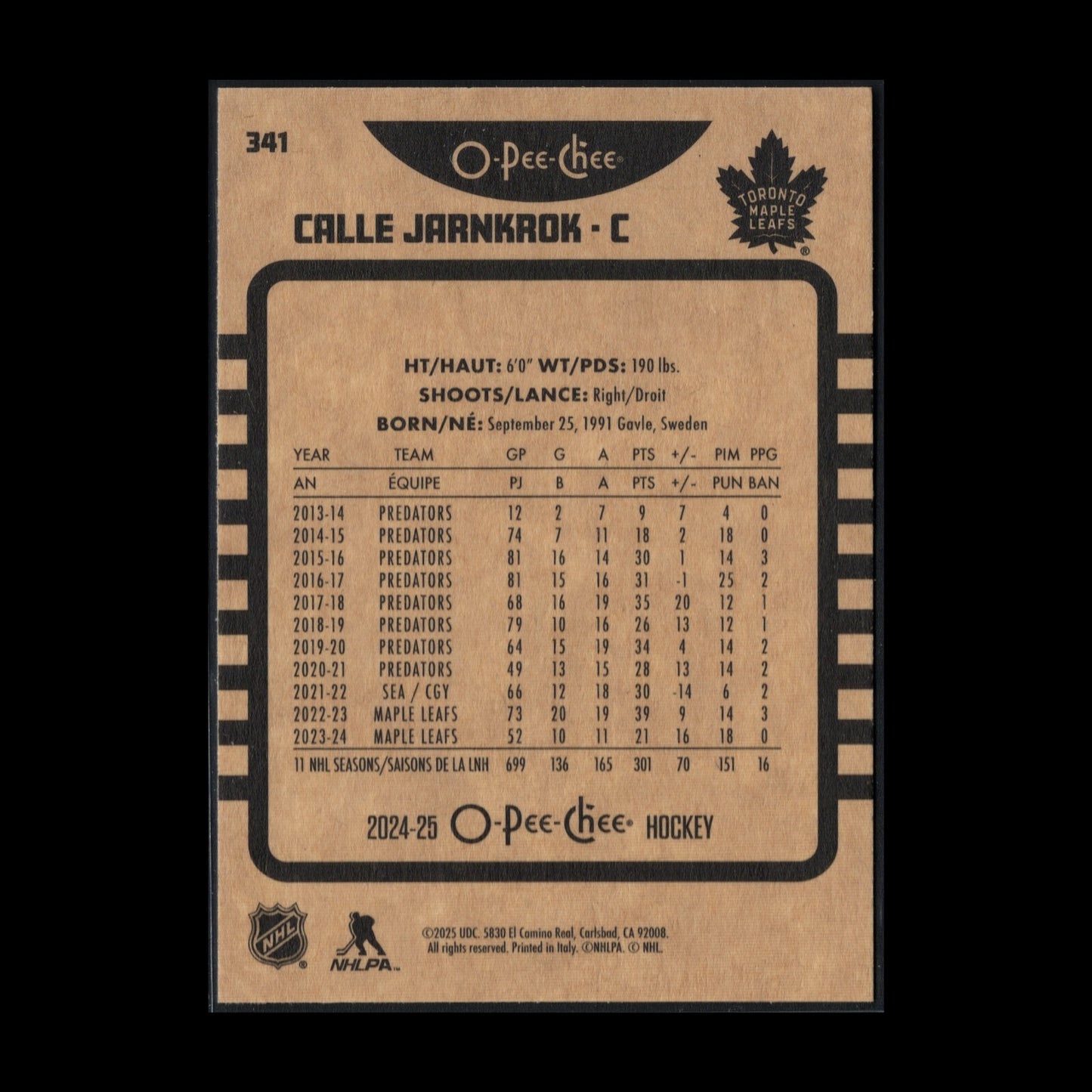 2024-25 O-Pee-Chee CALLE JARNKROK #341 Retro - Toronto Maple Leafs