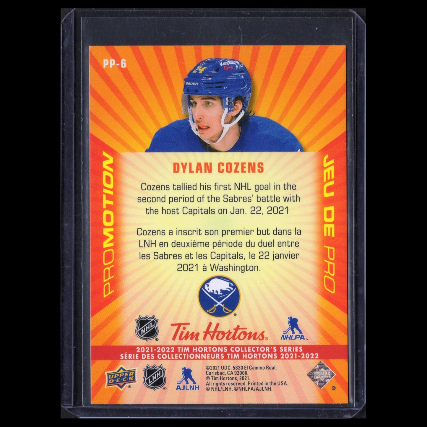 2021-22 UD Tim Hortons DYLAN COZENS #PP-6 Promotion - Buffalo Sabres
