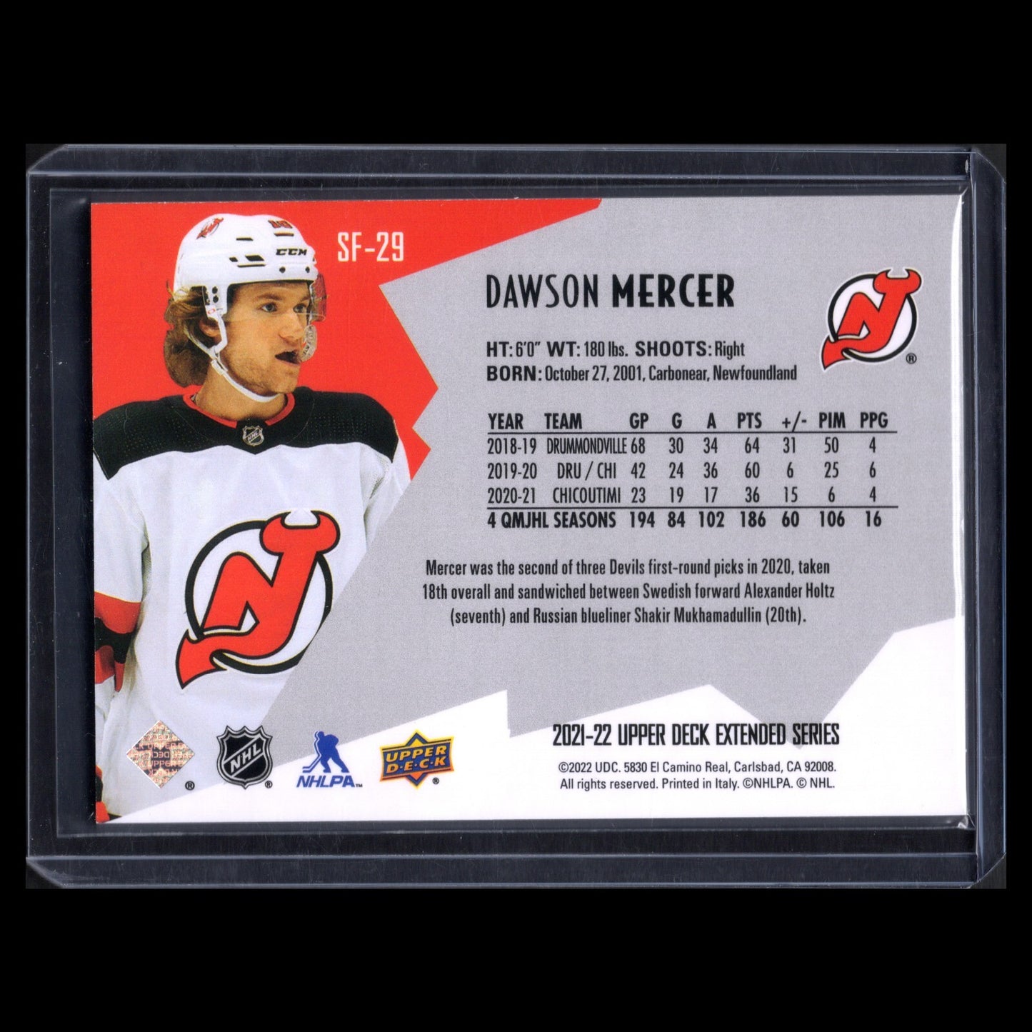 2021-22 UD Extended series DAWSON MERCER #SF-29 SPx Finite /2999 - NJ Devils