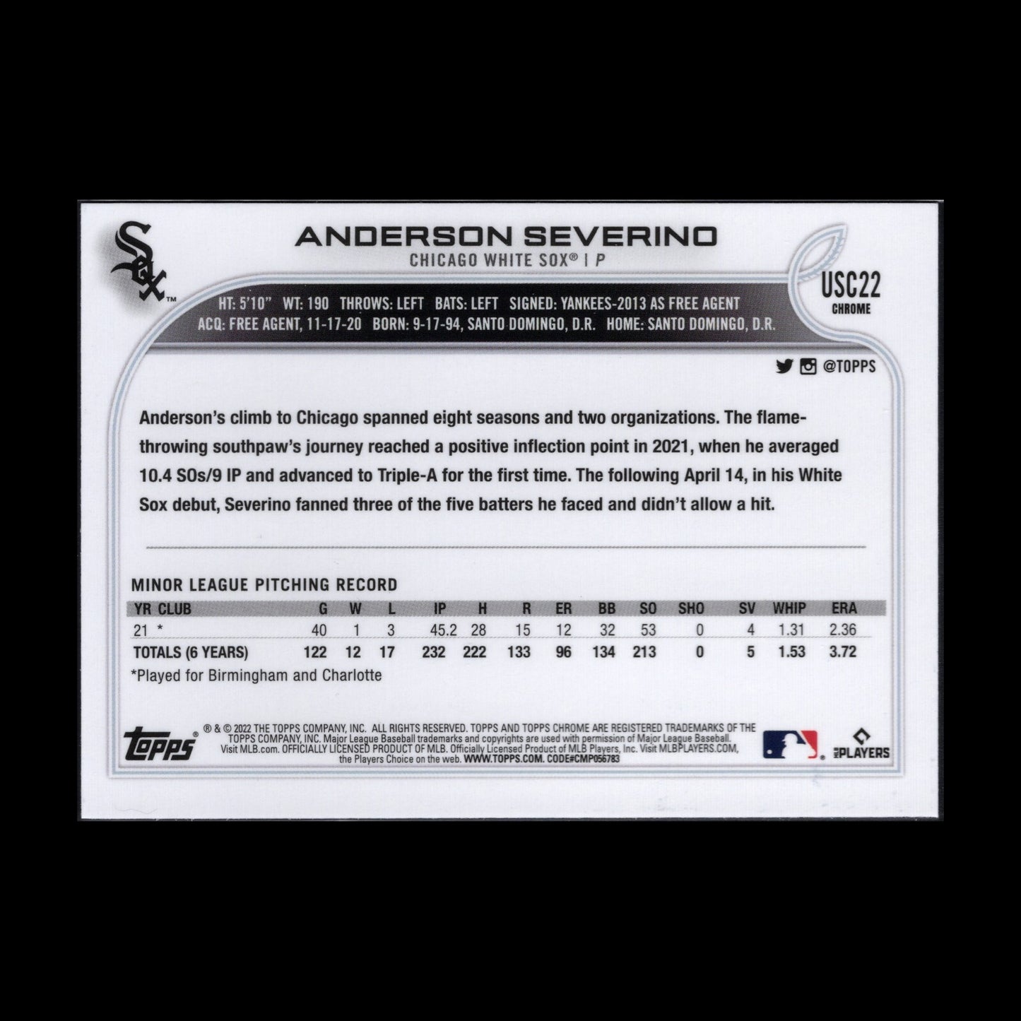 2022 Topps Chrome Updated Series ANDERSON SEVERINO #USC22 Purple Border Parallel