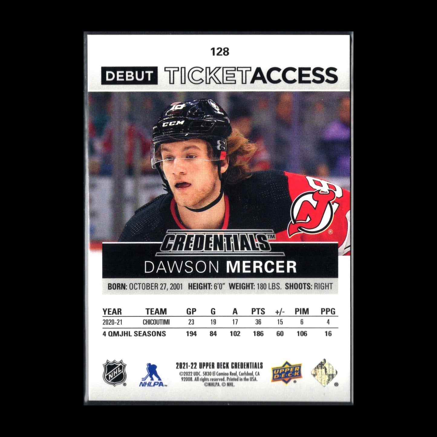 2021-22 UD Credentials DAWSON MERCER #128 Debut Ticket Access RC 662/799