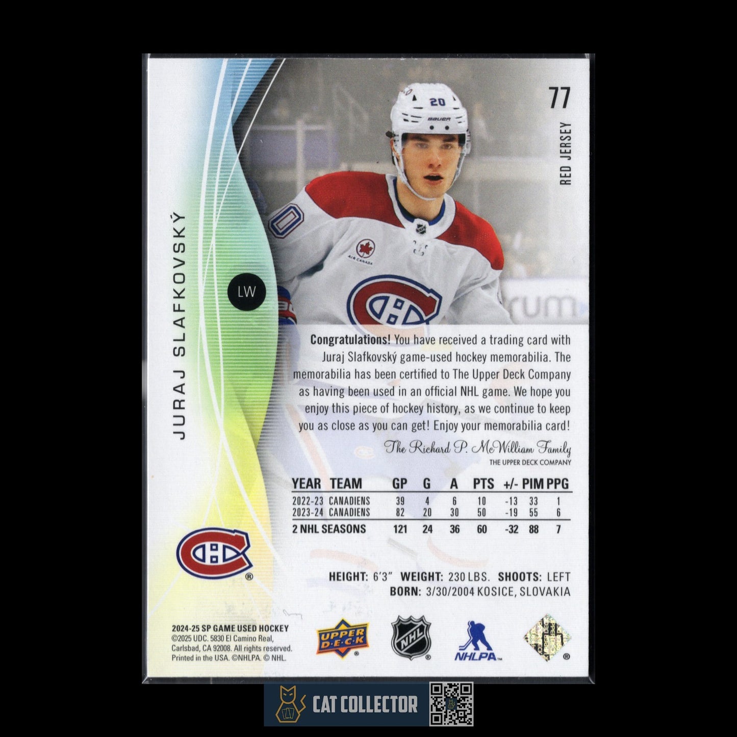 2024-25 UD SP Game Used JURAJ SLAFKOVSKY #77 Red Jersey - Montreal Canadiens
