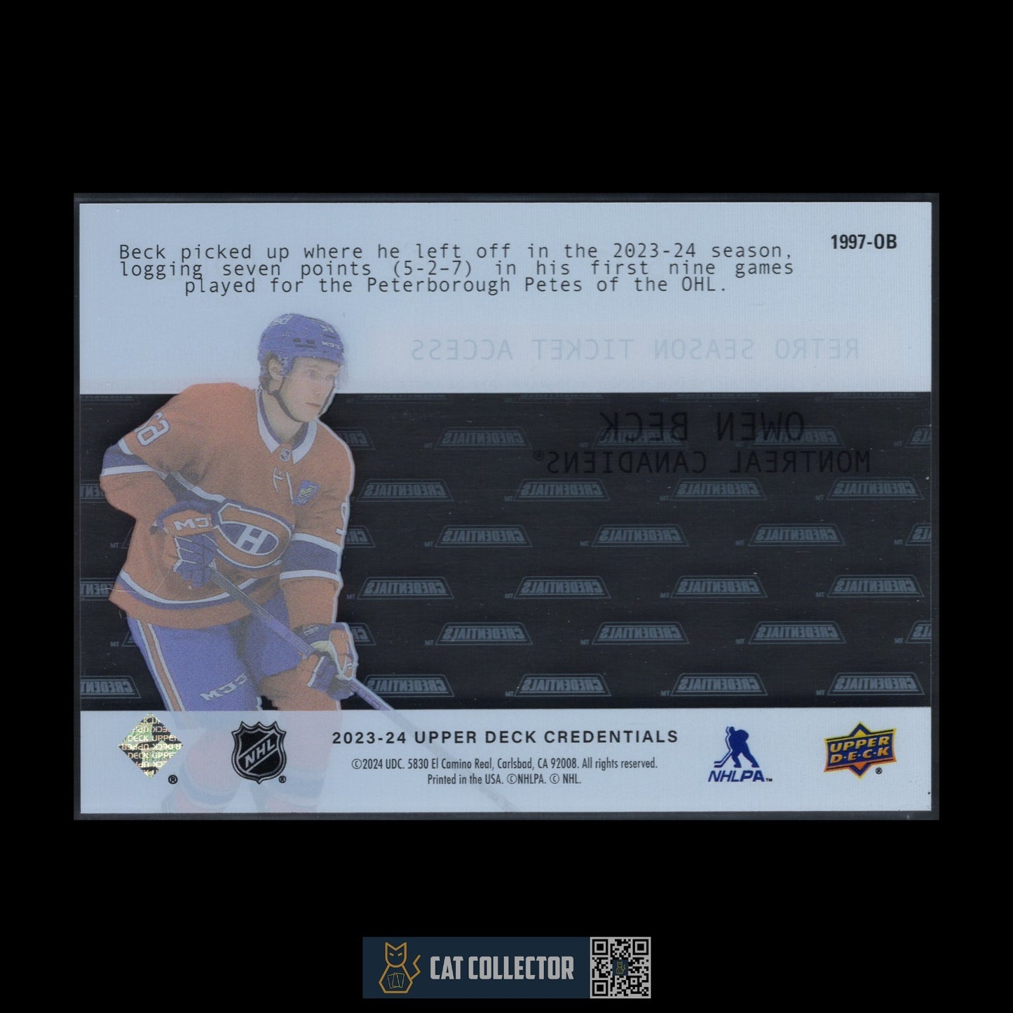 2023-24 UD Credentials OWEN BECK #1997-OB 1997 Season Ticket Acetate RC