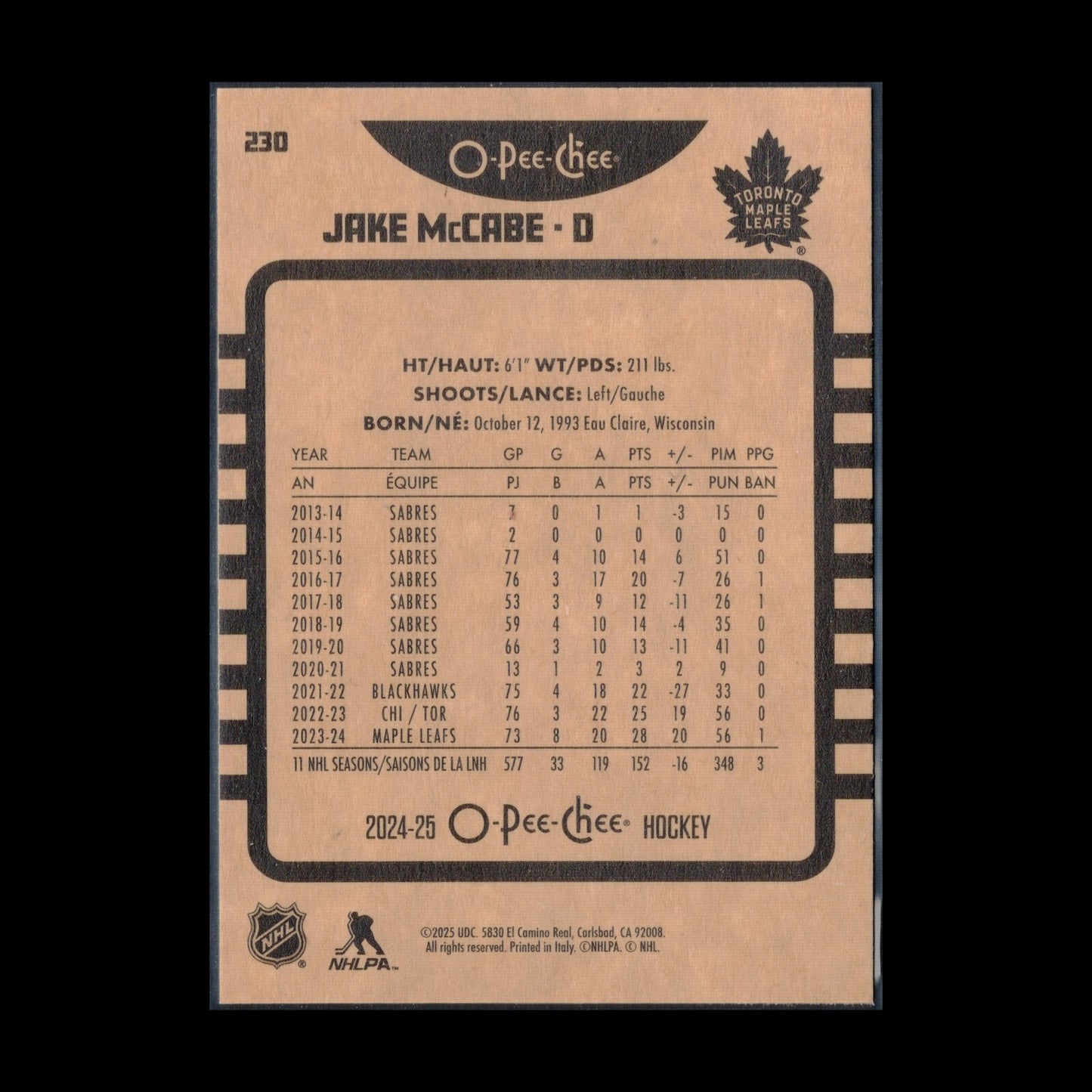 2024-25 O-Pee-Chee JAKE MCCABE #230 Retro - Toronto Maple Leafs