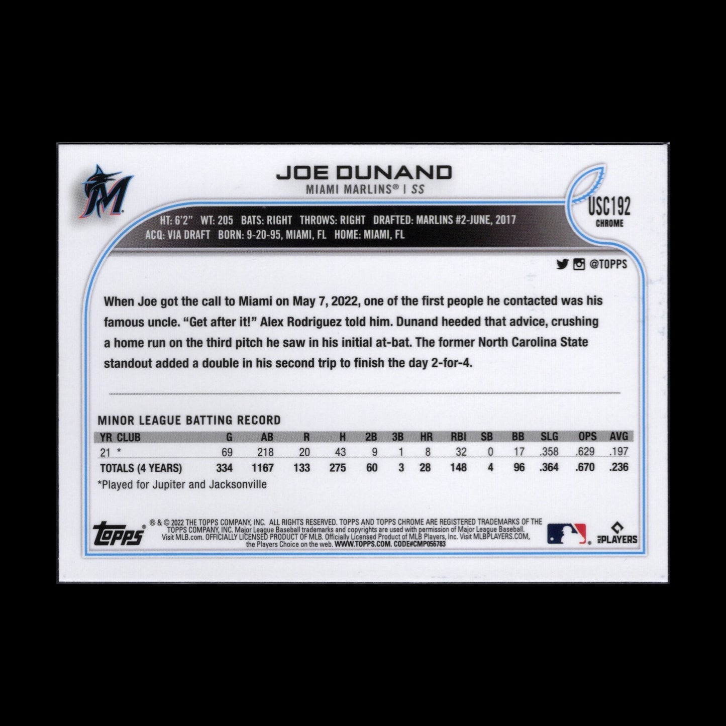 2022 Topps Chrome Updated Series JOE DUNAND #USC192 Purple Border Parallel