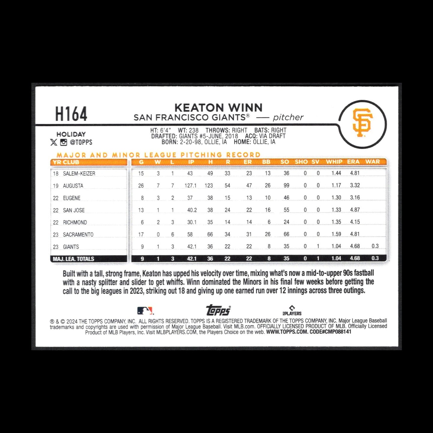 2024 Topps Holiday KEATON WINN #H164 RC - San Francisco Giants