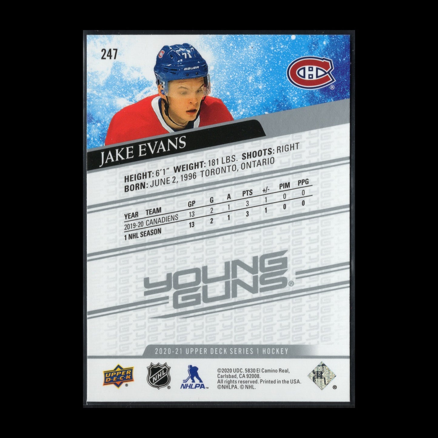 2020-21 Upper Deck Series 1 JAKE EVANS #247 Young guns RC Montreal Canadiens
