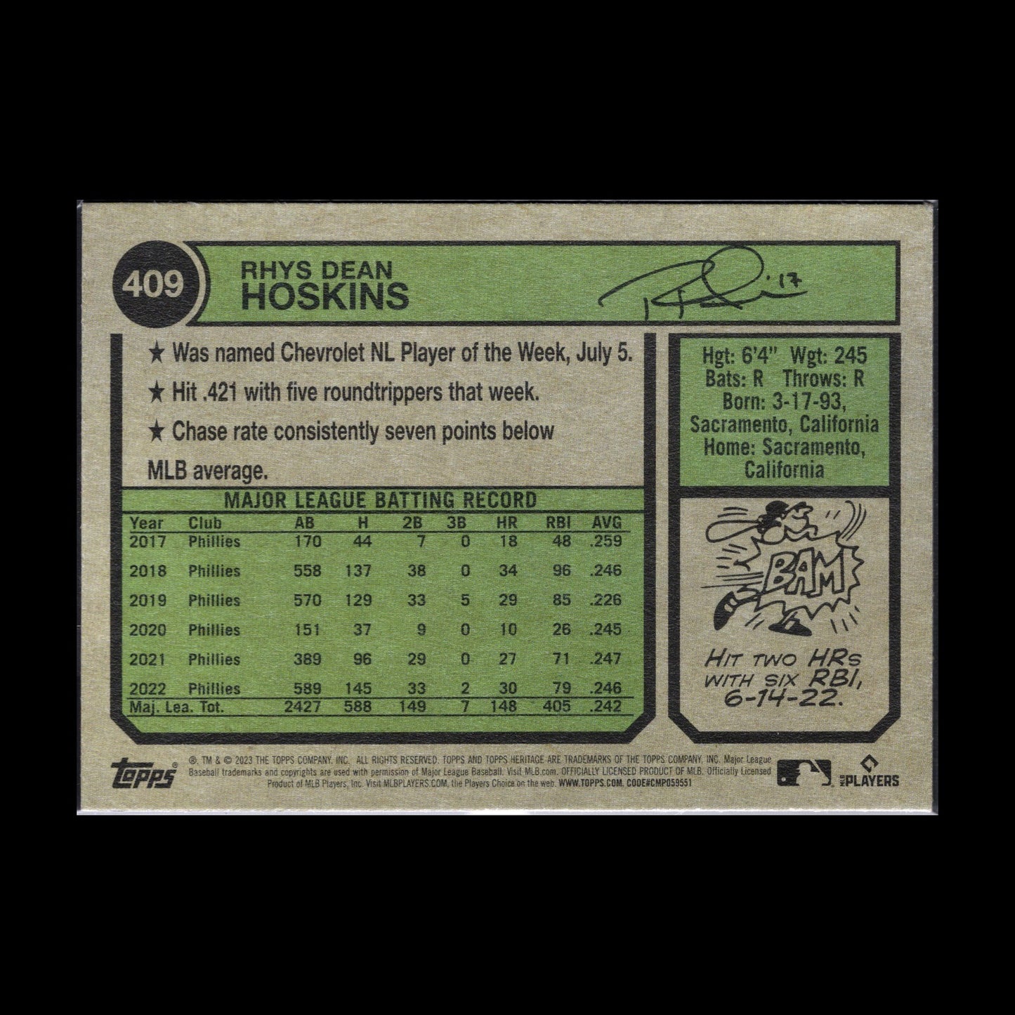 2023 Topps Heritage RHYS HOSKINS #409 Chrome Purple Refractor