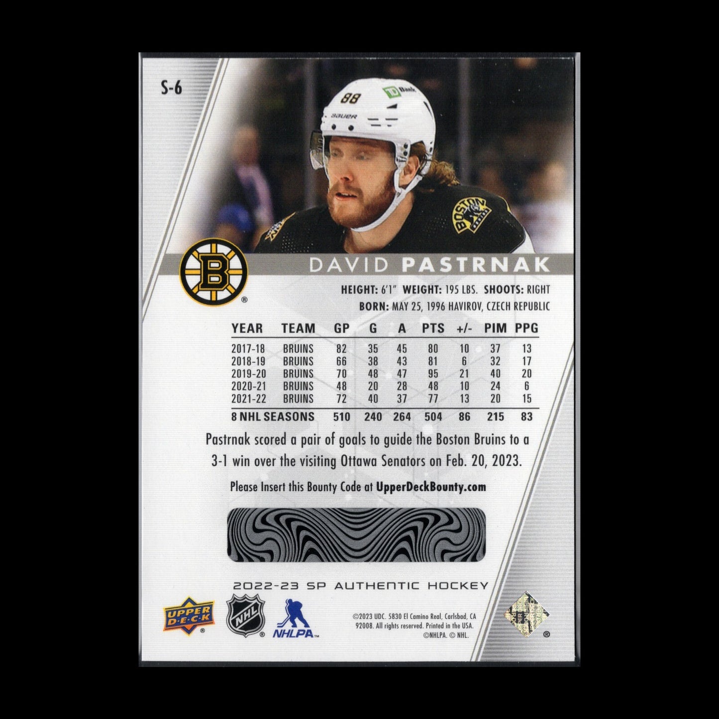 2022-23 UD SP Authentic DAVID PASTRNAK #S-6 Spectrum FX Bounty Unscratched