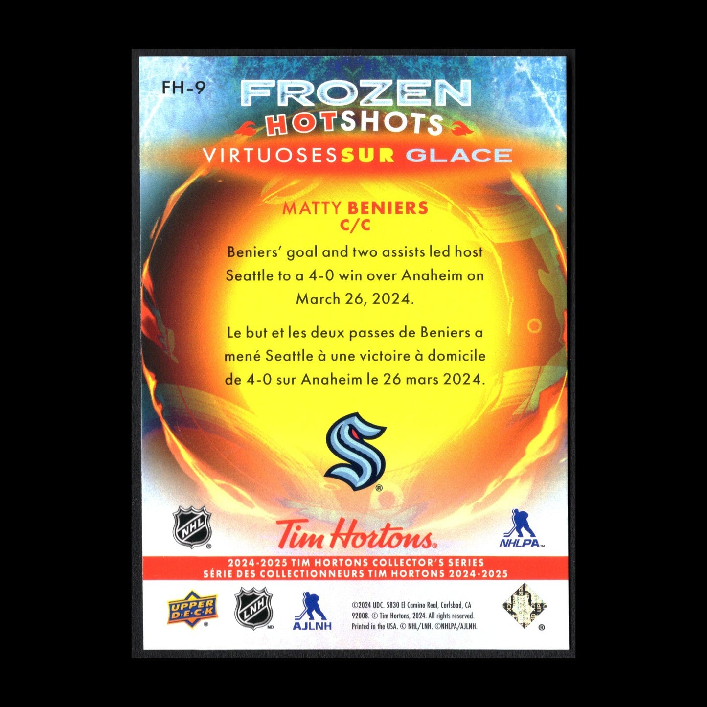 2024-25 UD Tim Hortons MATTY BENIERS #FH-9 Frozen hot shots - Seattle Kraken