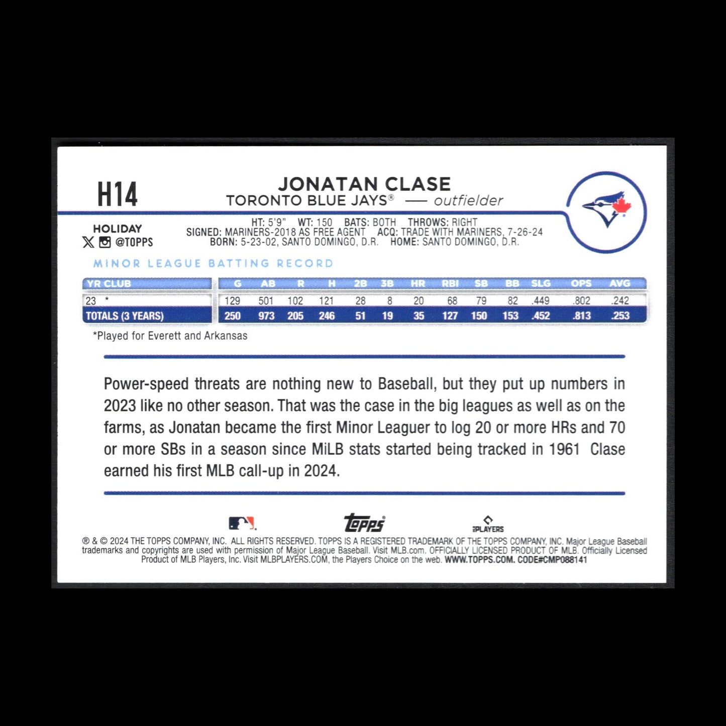 2024 Topps Holiday JONATAN CLASE #H14 RC - Toronto Blue Jays