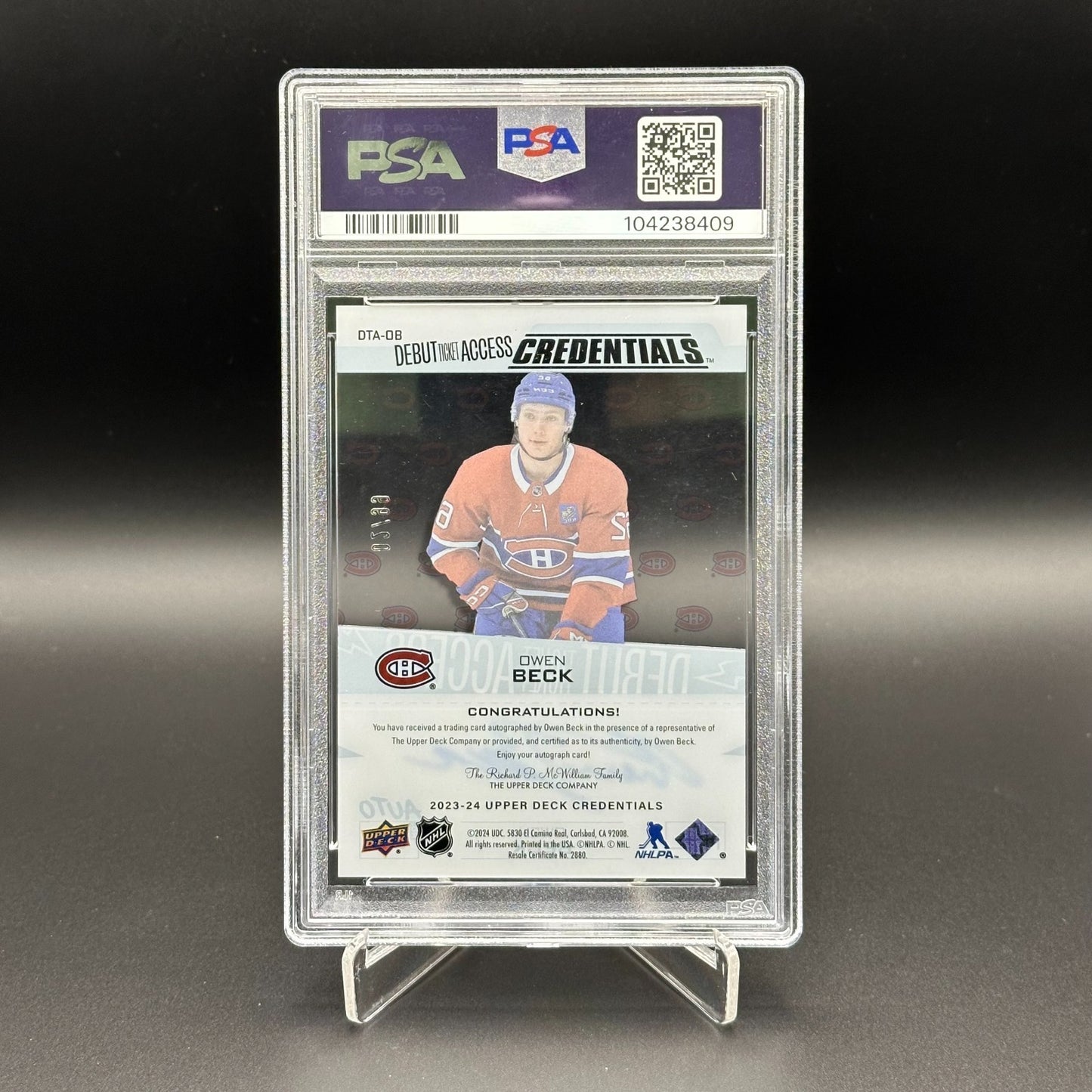 2023-24 UD Credentials OWEN BECK #DTA-OB Debut Ticket Access AUTO /99 Rookie RC