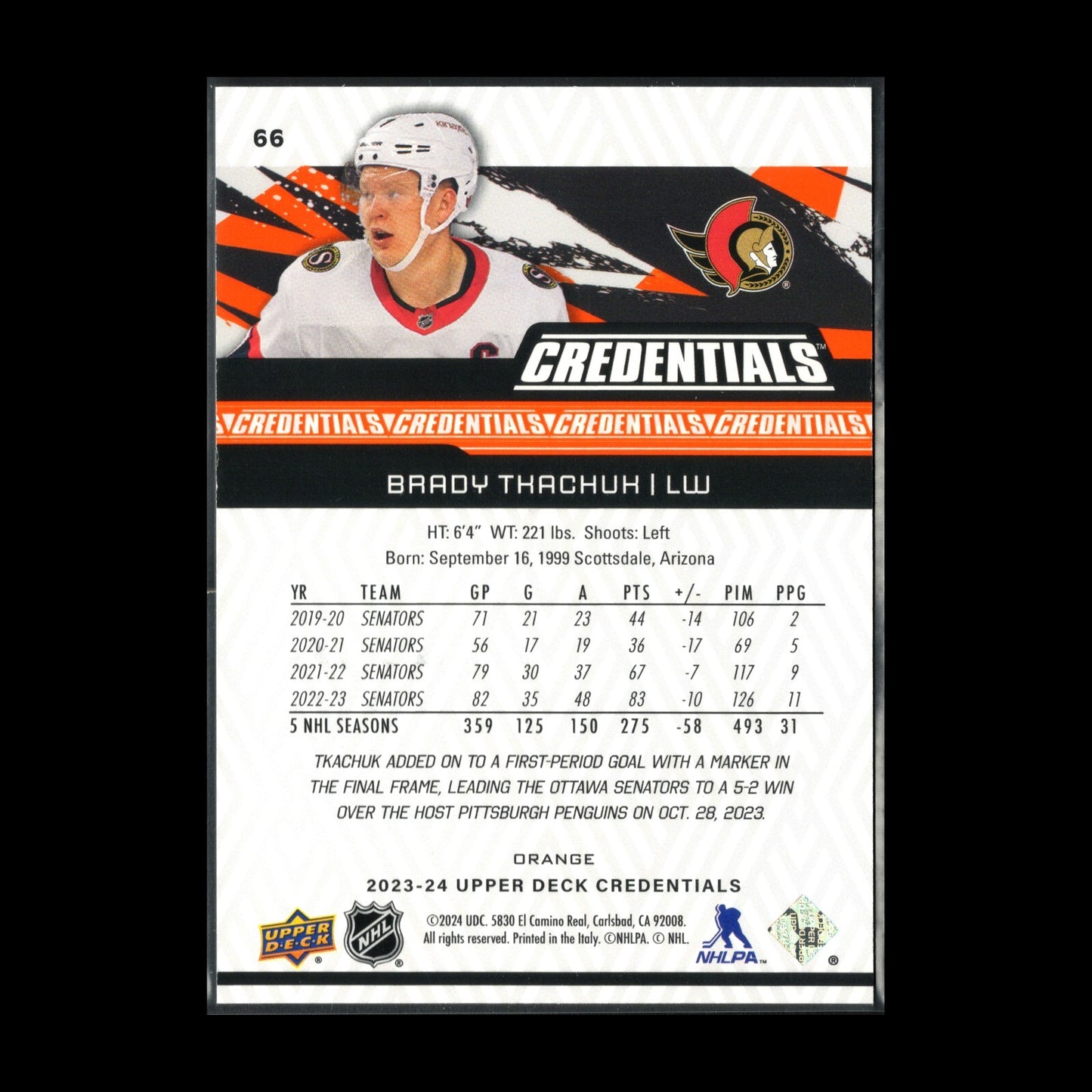 2023-24 UD Credentials BRADY TKACHUK #66 Orange /249 - Ottawa Senators