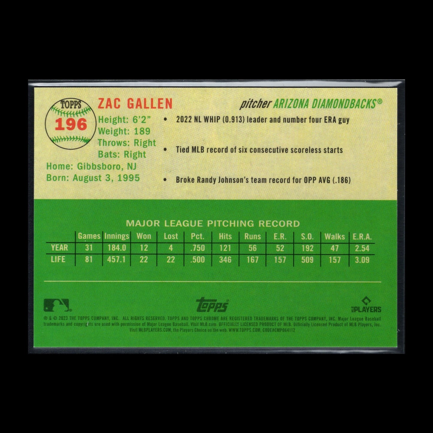 2023 Topps Chrome Platinum ZAC GALLEN #196 Toile Cream/Black Refractor /10