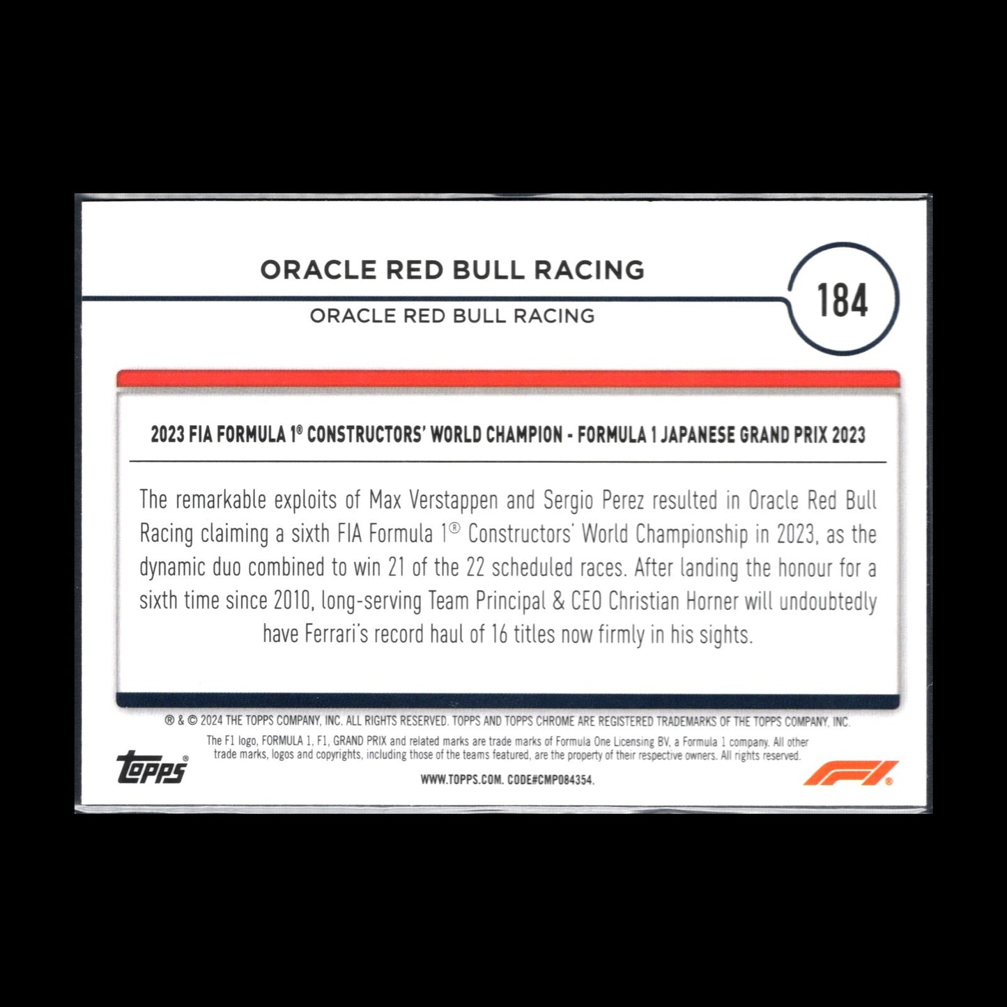 2024 Topps Chrome Formula 1 ORACLE RED BULL RACING #184 Award Winners