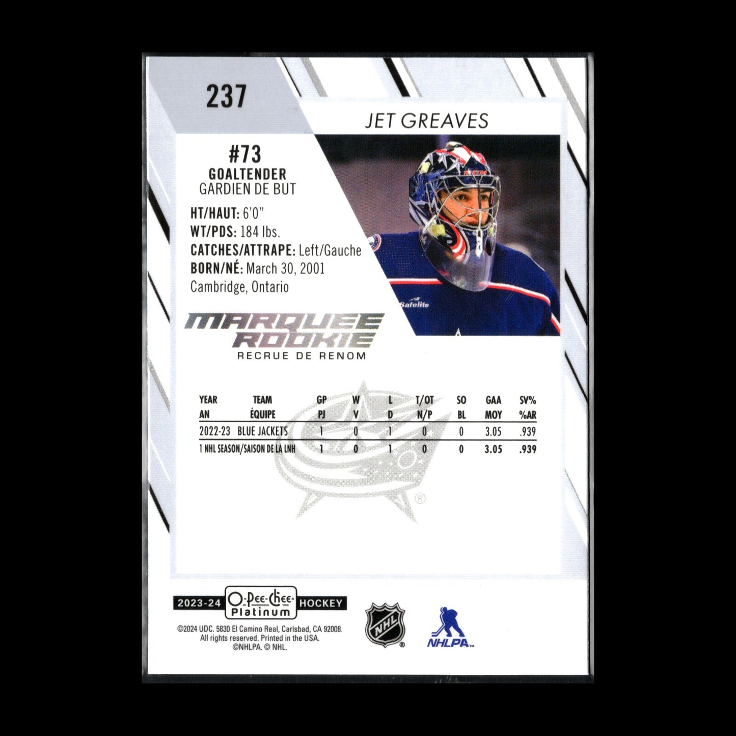 2023-24 OPC Platinum JET GREAVES #237 Marquee rookie RC - Columbus Blue Jackets