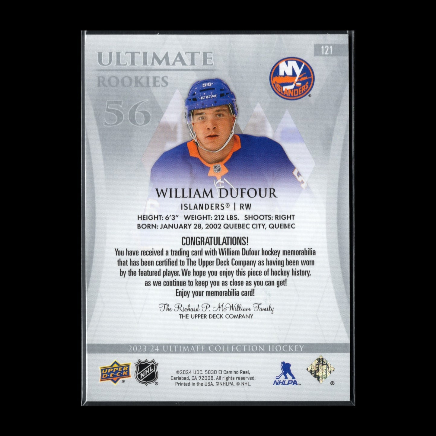 2023-24 UD Ultimate Collection WILLIAM DUFOUR #121 Rookies Jersey RC /599