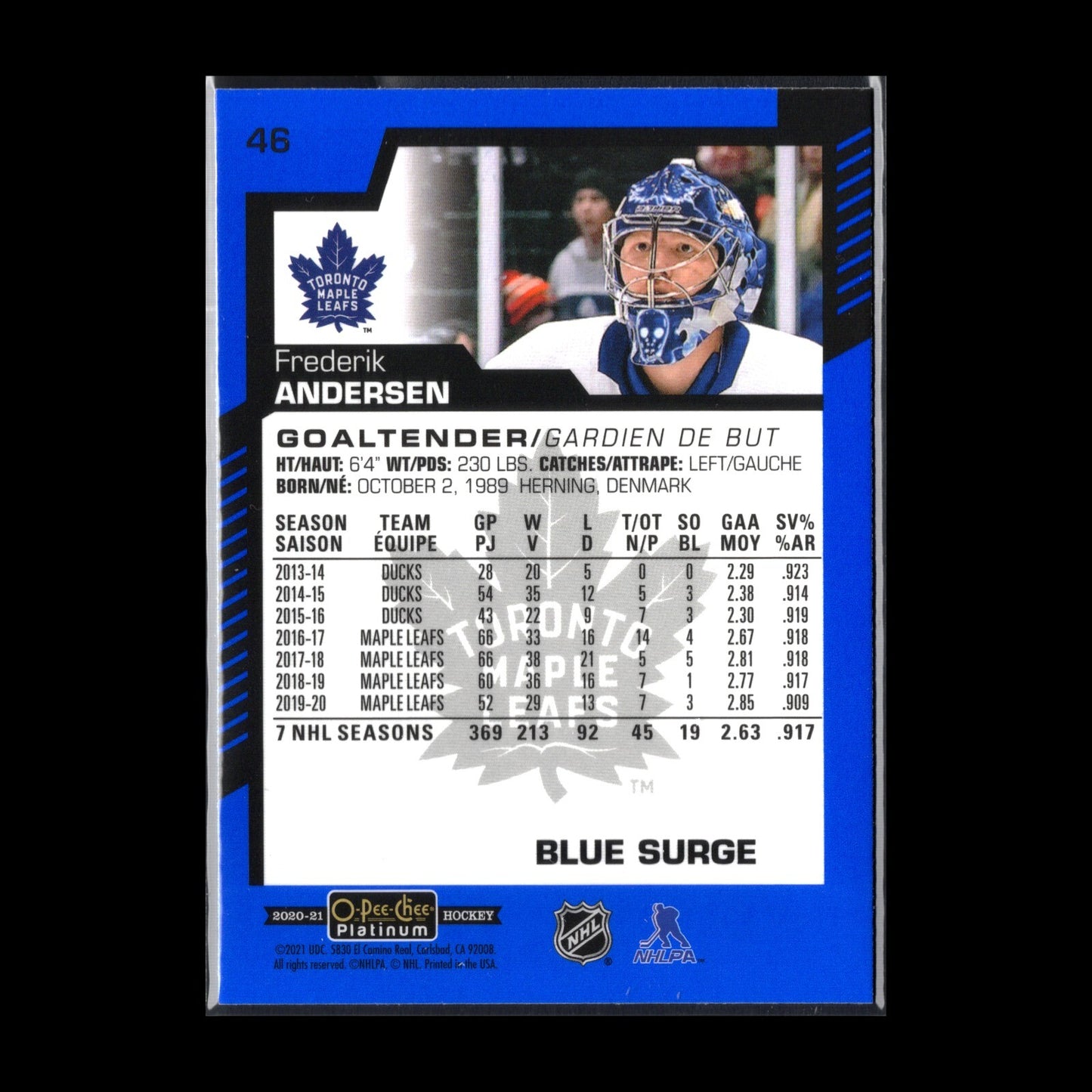 2020-21 O-Pee-Chee Platinum FREDERIK ANDERSON #46 Blue Surge Toronto Maple Leafs