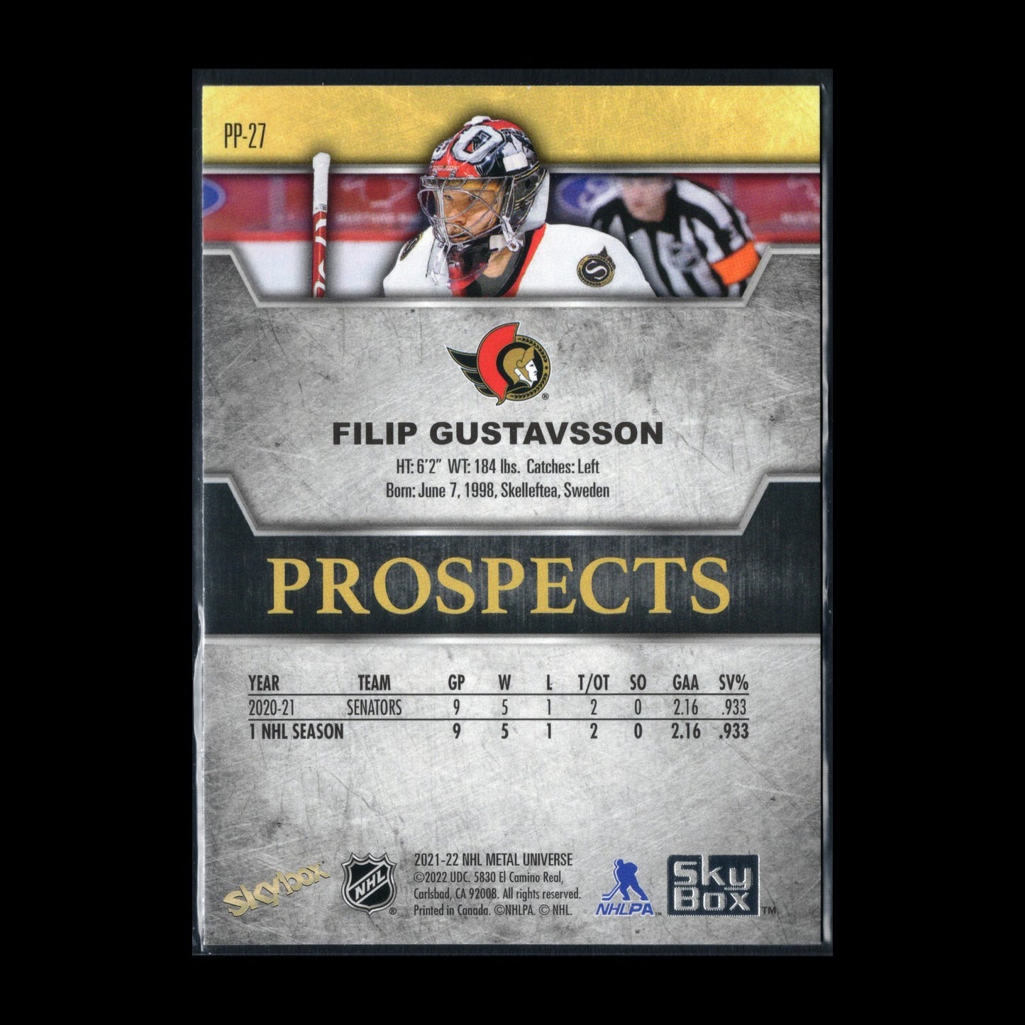 2021-22 SkyBox Metal Universe FILIP GUSTAVSSON #PP-27 Premium Prospects Rookie
