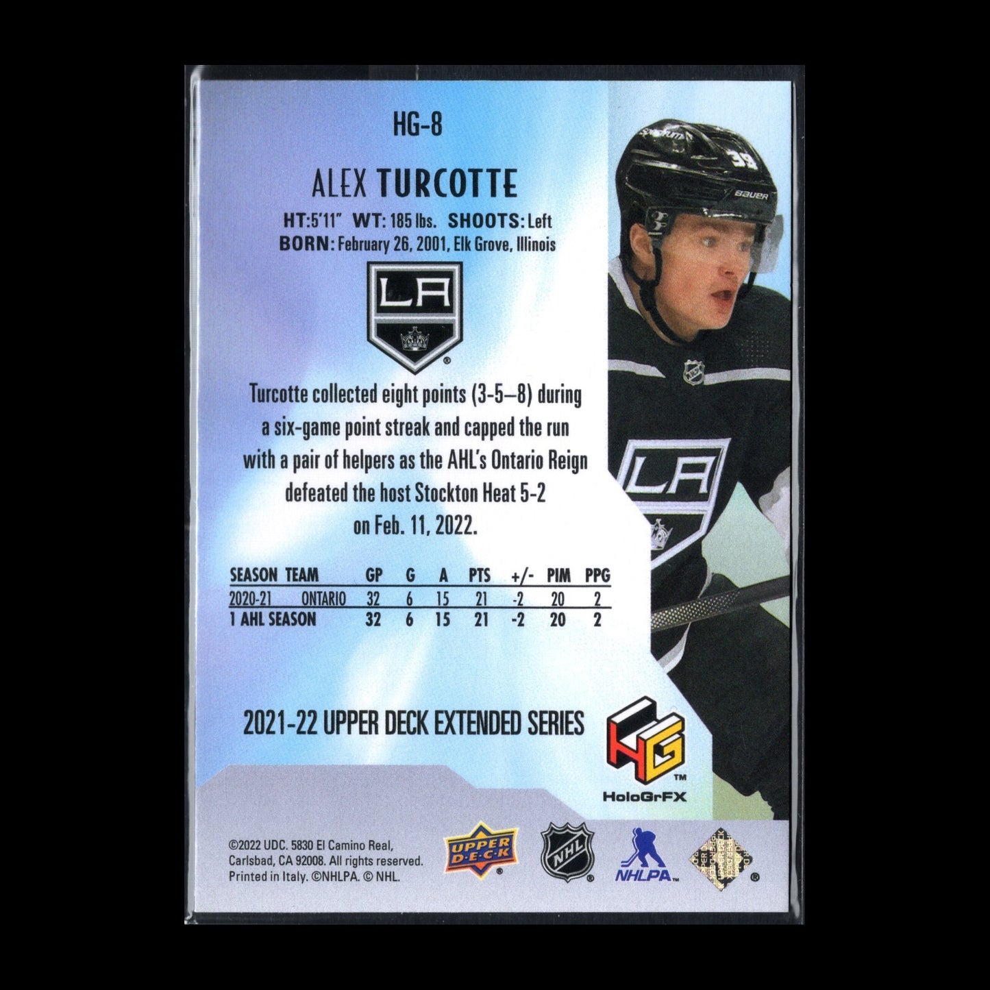 2021-22 UD Extended series ALEX TURCOTTE #HG-8 HoloGrFX - Los Angeles Kings