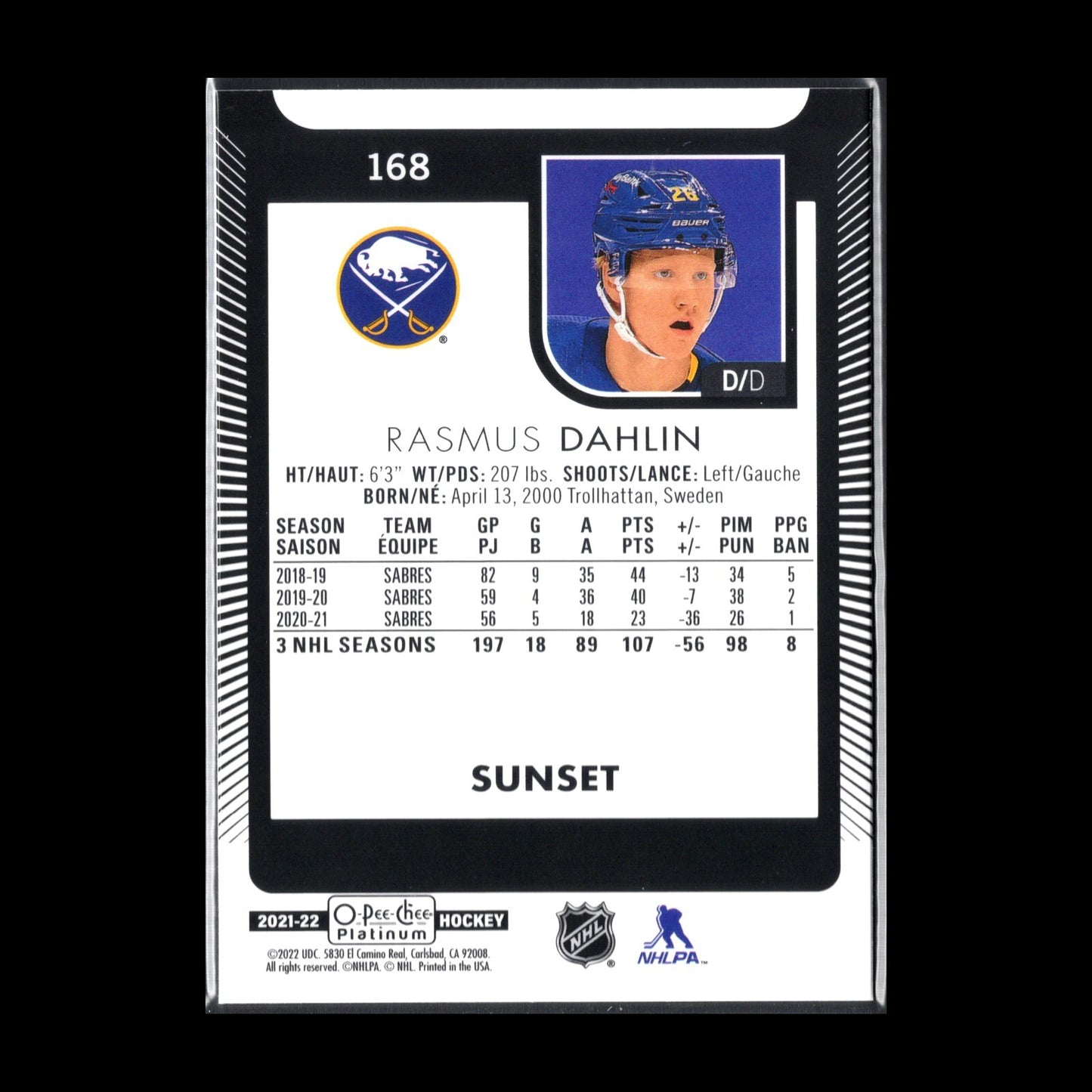 2021-22 O-Pee-Chee Platinum RASMUS DAHLIN #168 Sunset - Buffalo Sabres