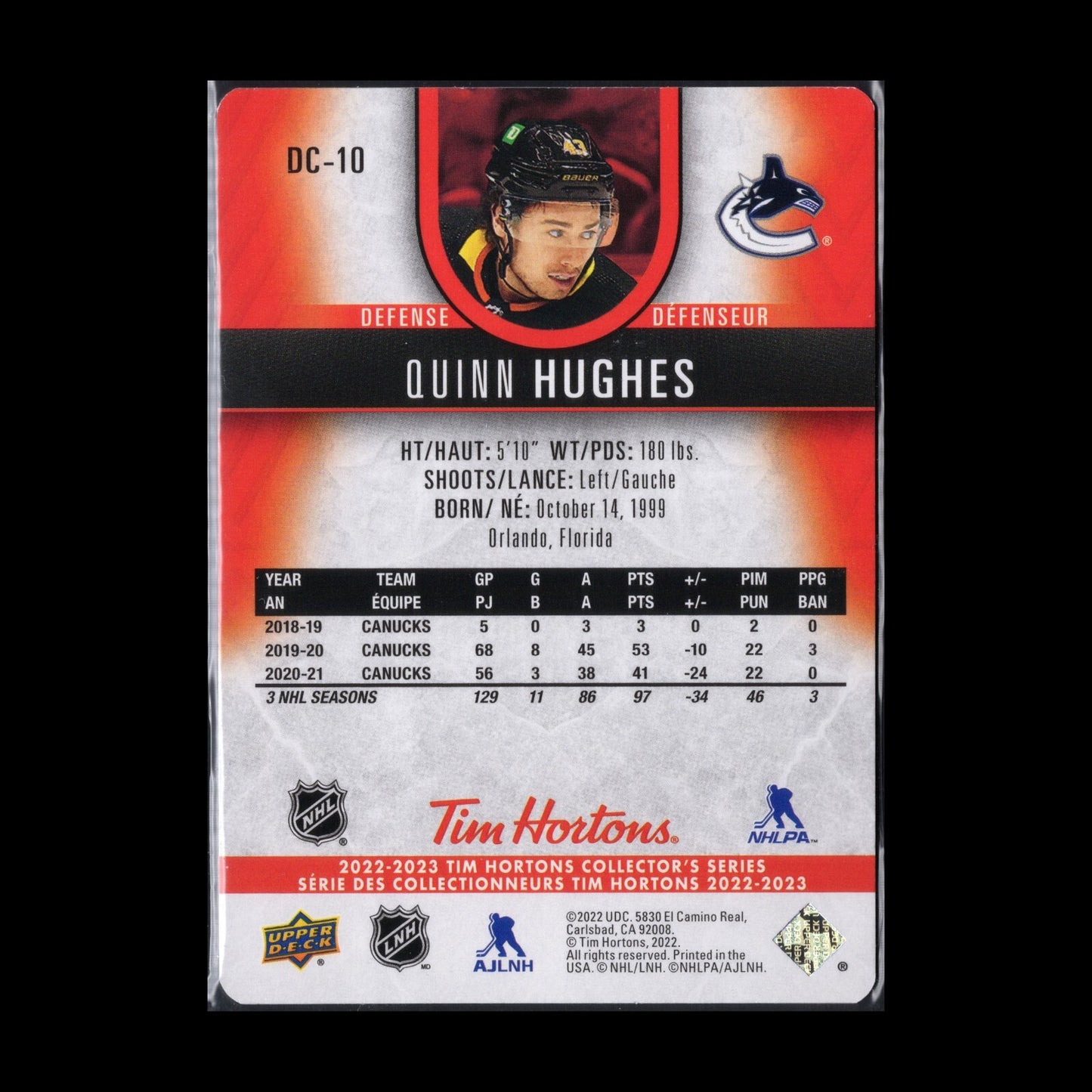 2022-23 UD Tim Hortons QUINN HUGHES #DC-10 Red Die-Cut - Vancouver Canucks