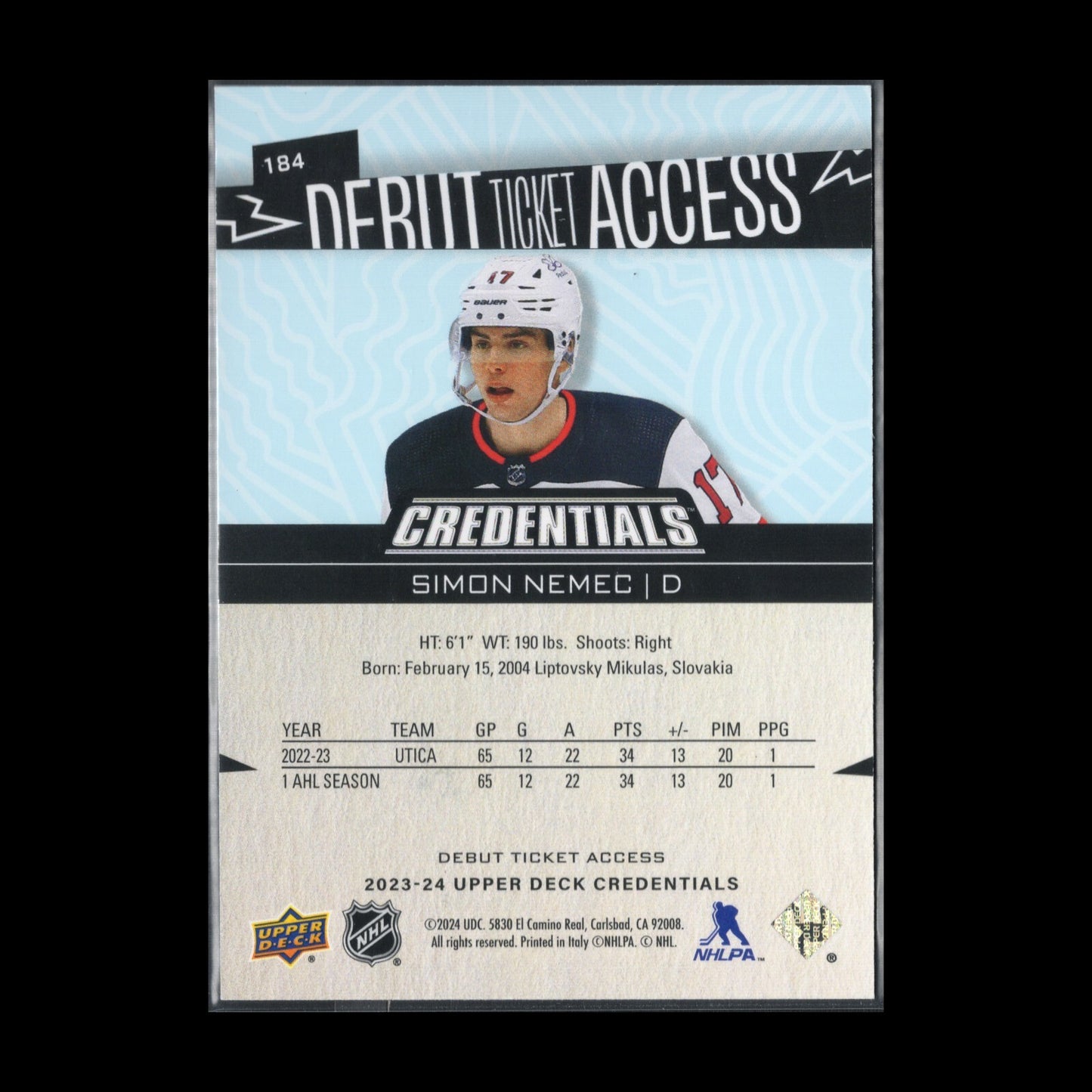 2023-24 UD Credentials SIMON NEMEC #184 Debut Ticket Access RC 349/599