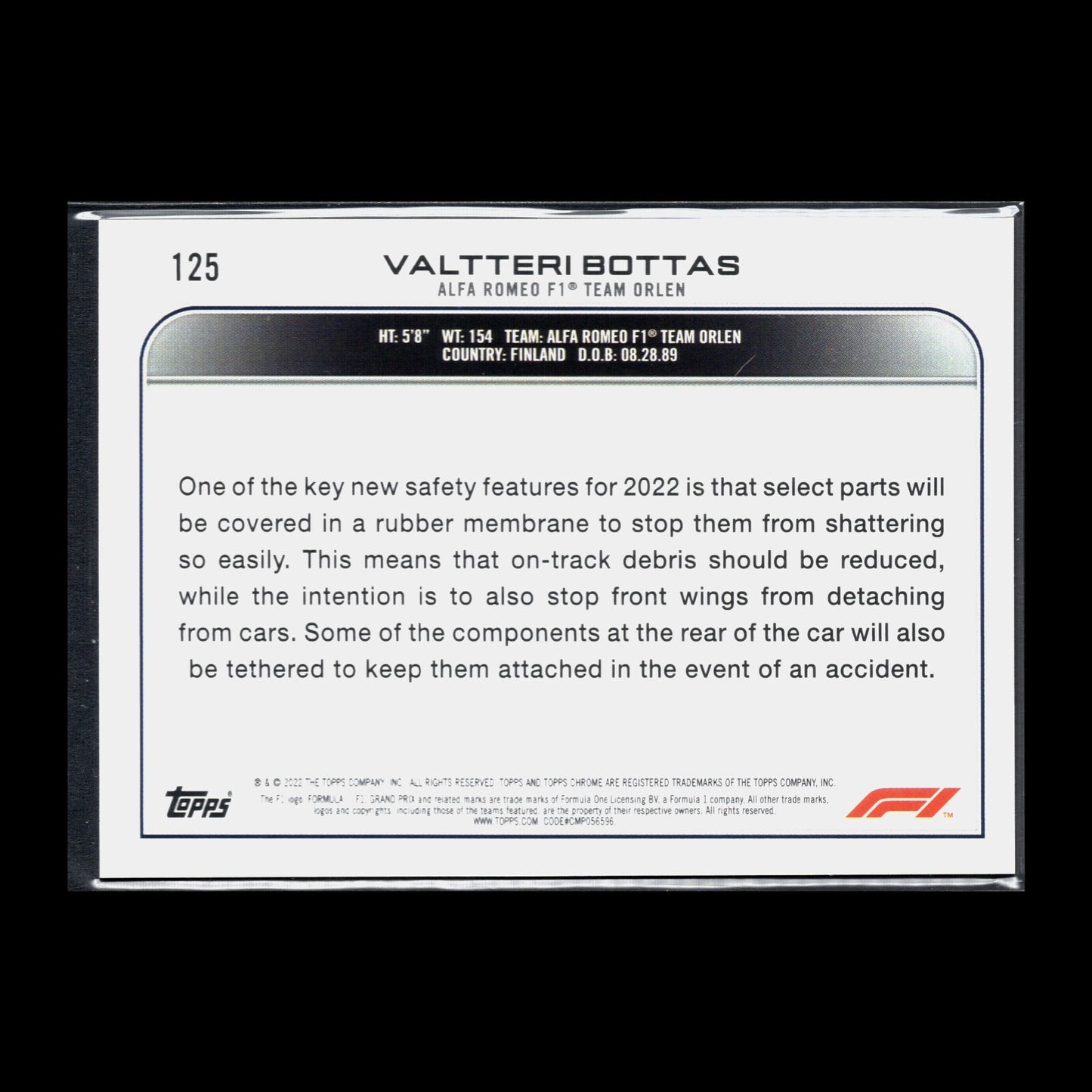 2022 Topps Chrome F1 Formula 1 VALTTERI BOTTAS #125 - Alfa Romeo