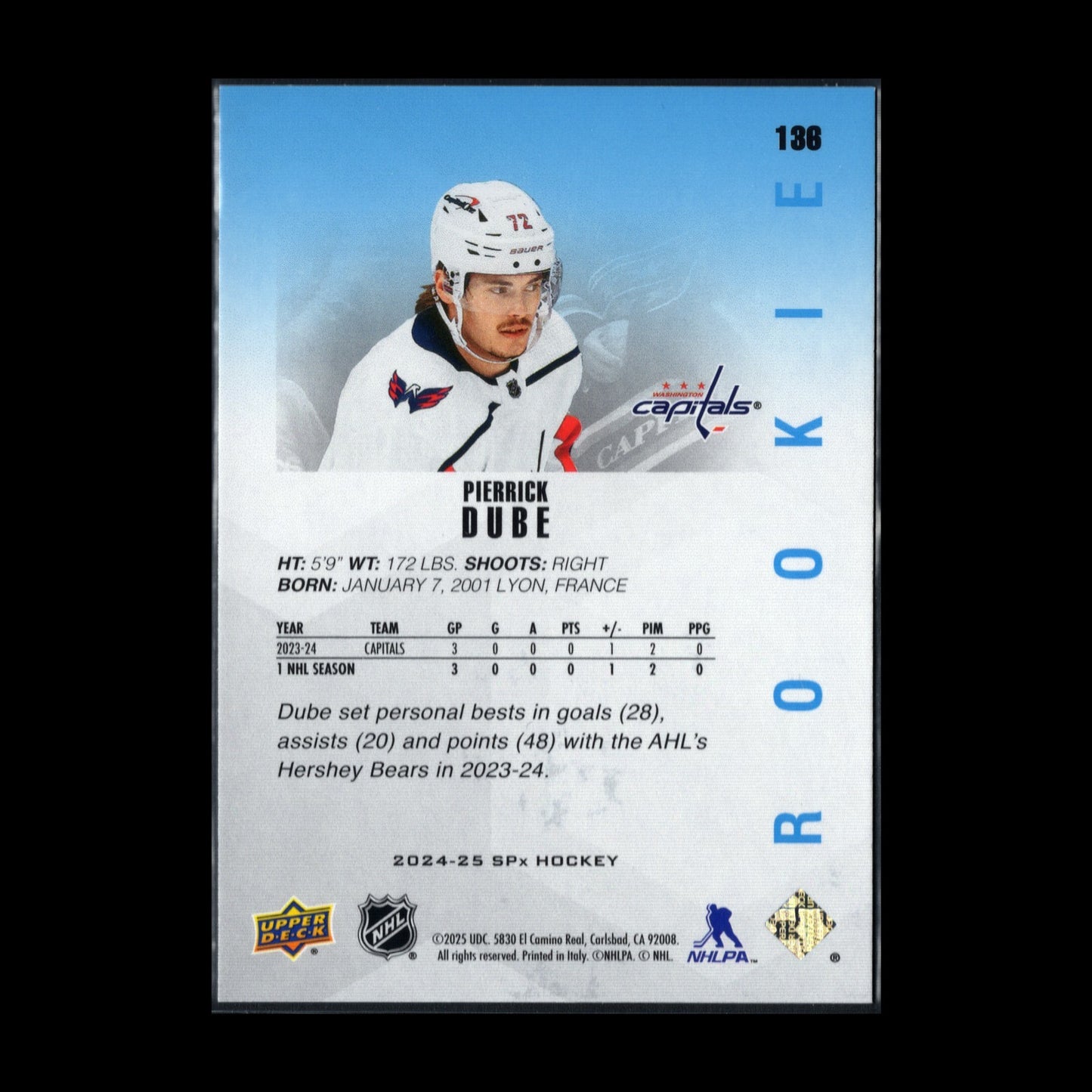 2024-25 Upper Deck SPx PIERRICK DUBE #136 Rookie RC - Washington Capitals