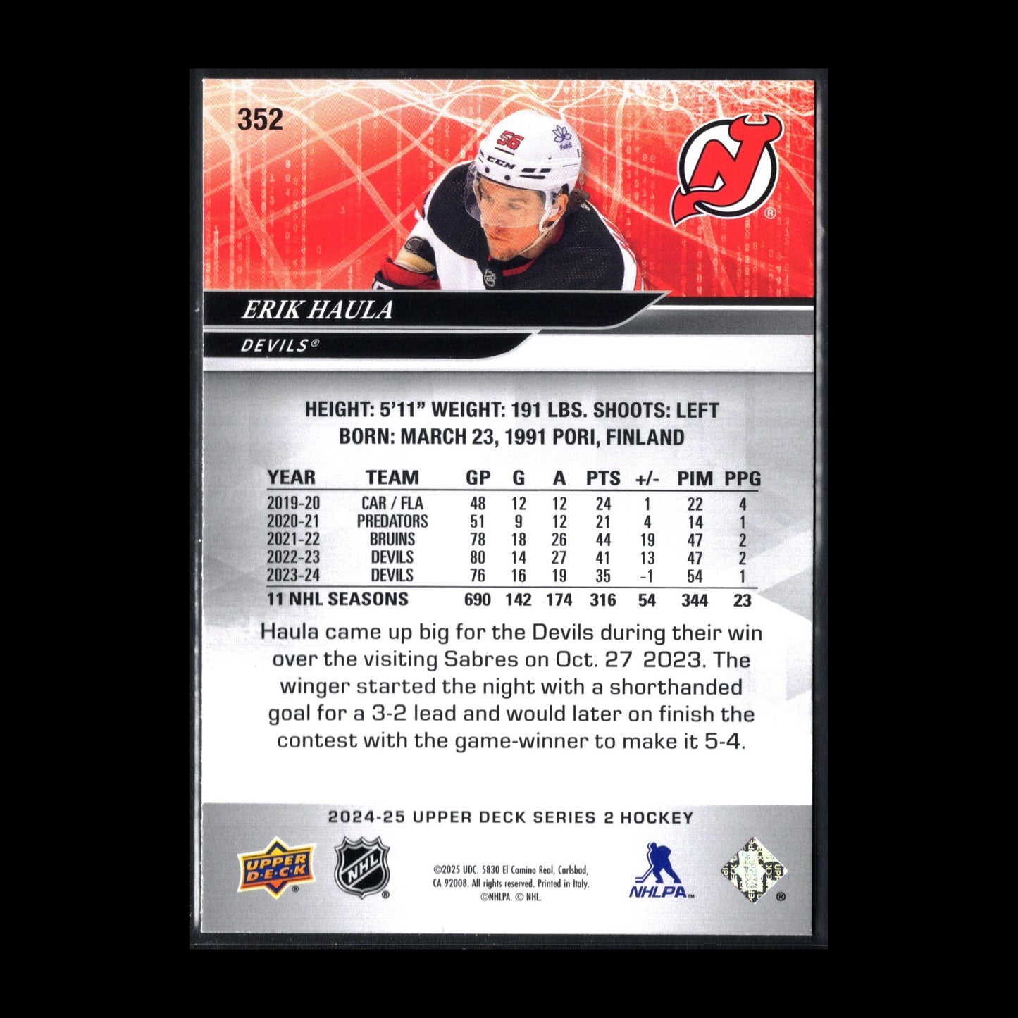 2024-25 UD Series 2 ERIK HAULA #352 Deluxe /250 - New Jersey Devils