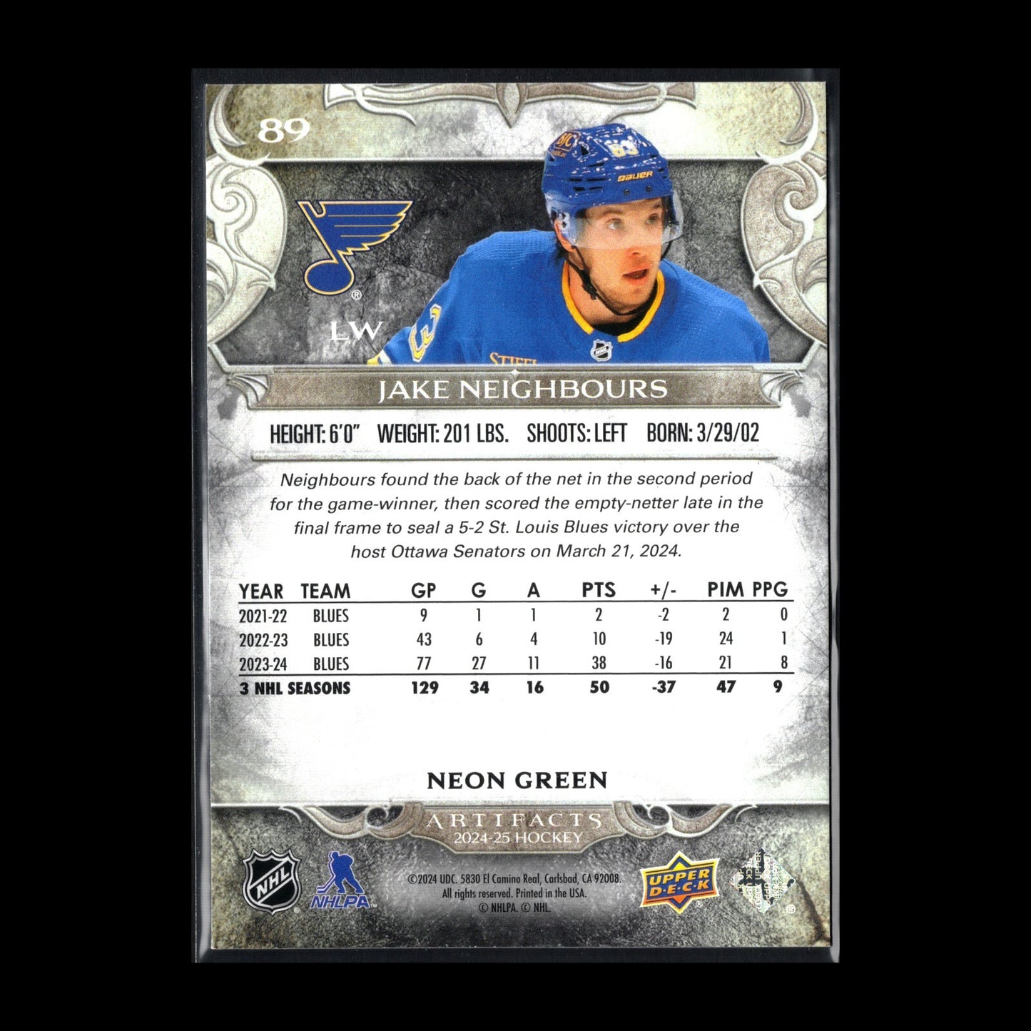 2024-25 UD Artifacts JAKE NEIGHBOURS #89 Neon Green - St. Louis Blues