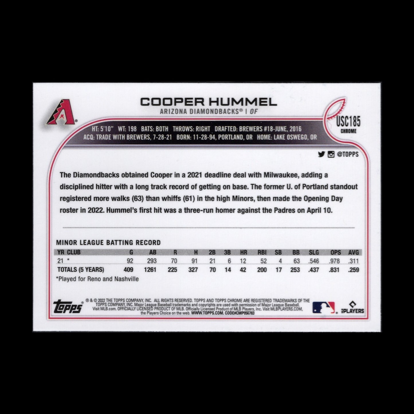 2022 Topps Chrome Updated Series COOPER HUMMEL #USC185 RC