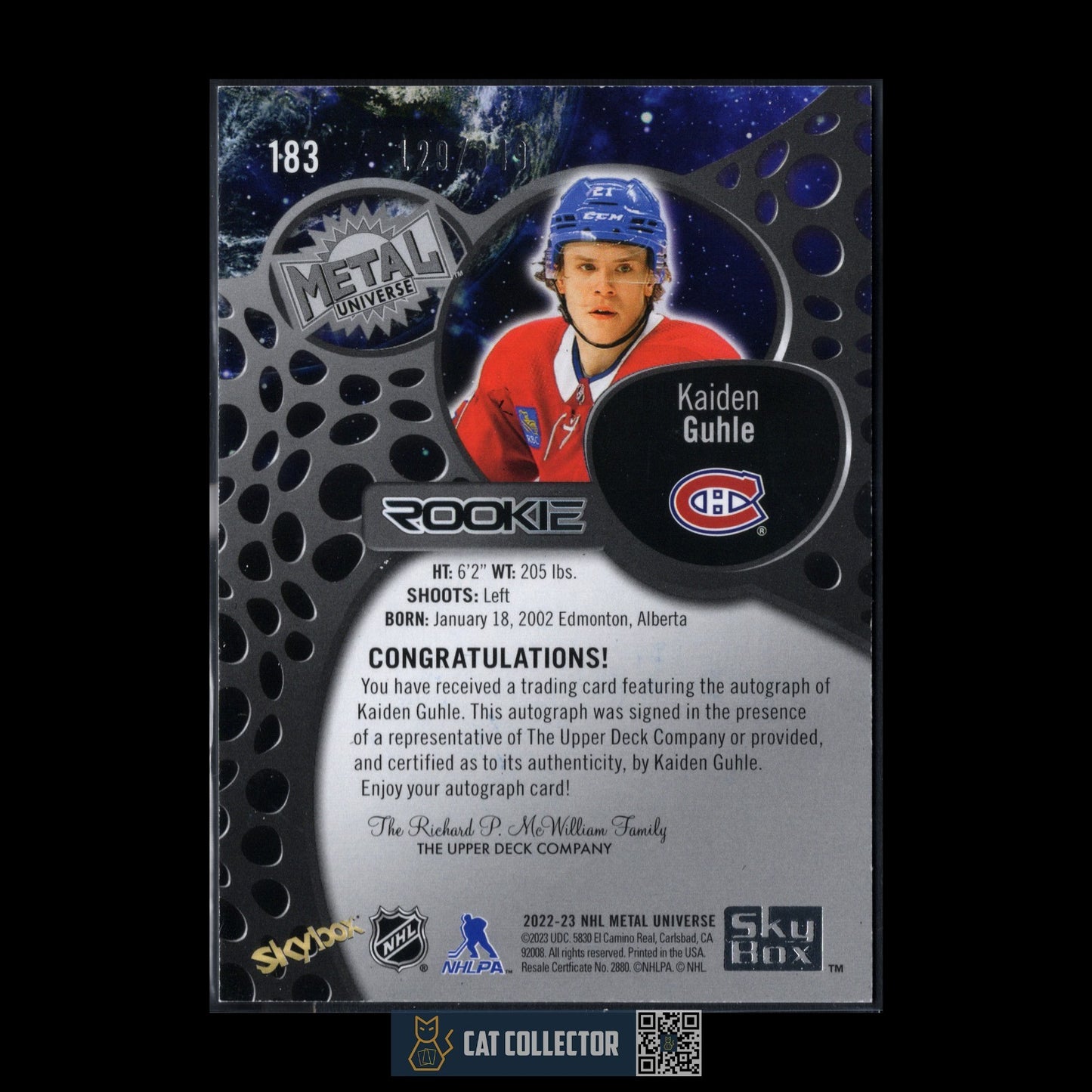 2022-23 SkyBox Metal Universe KAIDEN GUHLE #183 Rookie RC /349 Auto