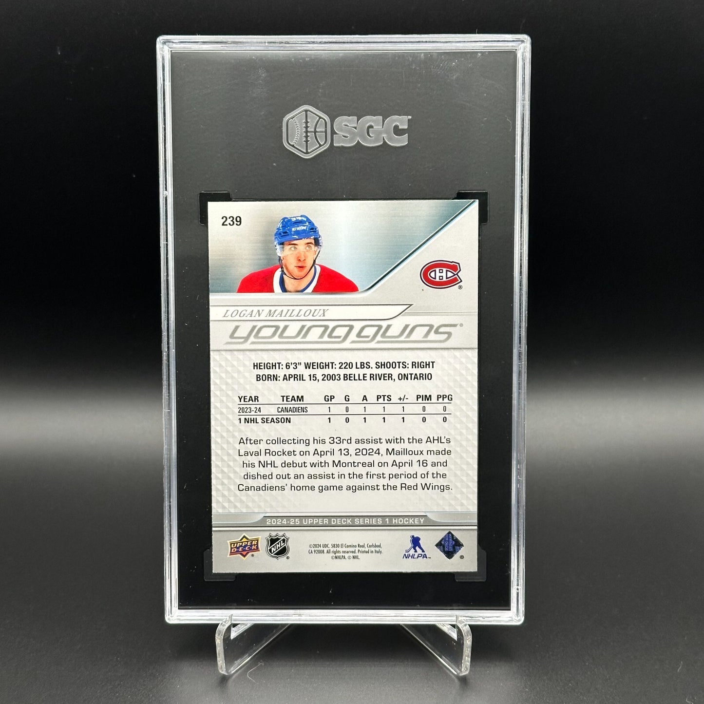 2024-25 UD Series 1 LOGAN MAILLOUX #239 Young guns RC Graded SGC 9