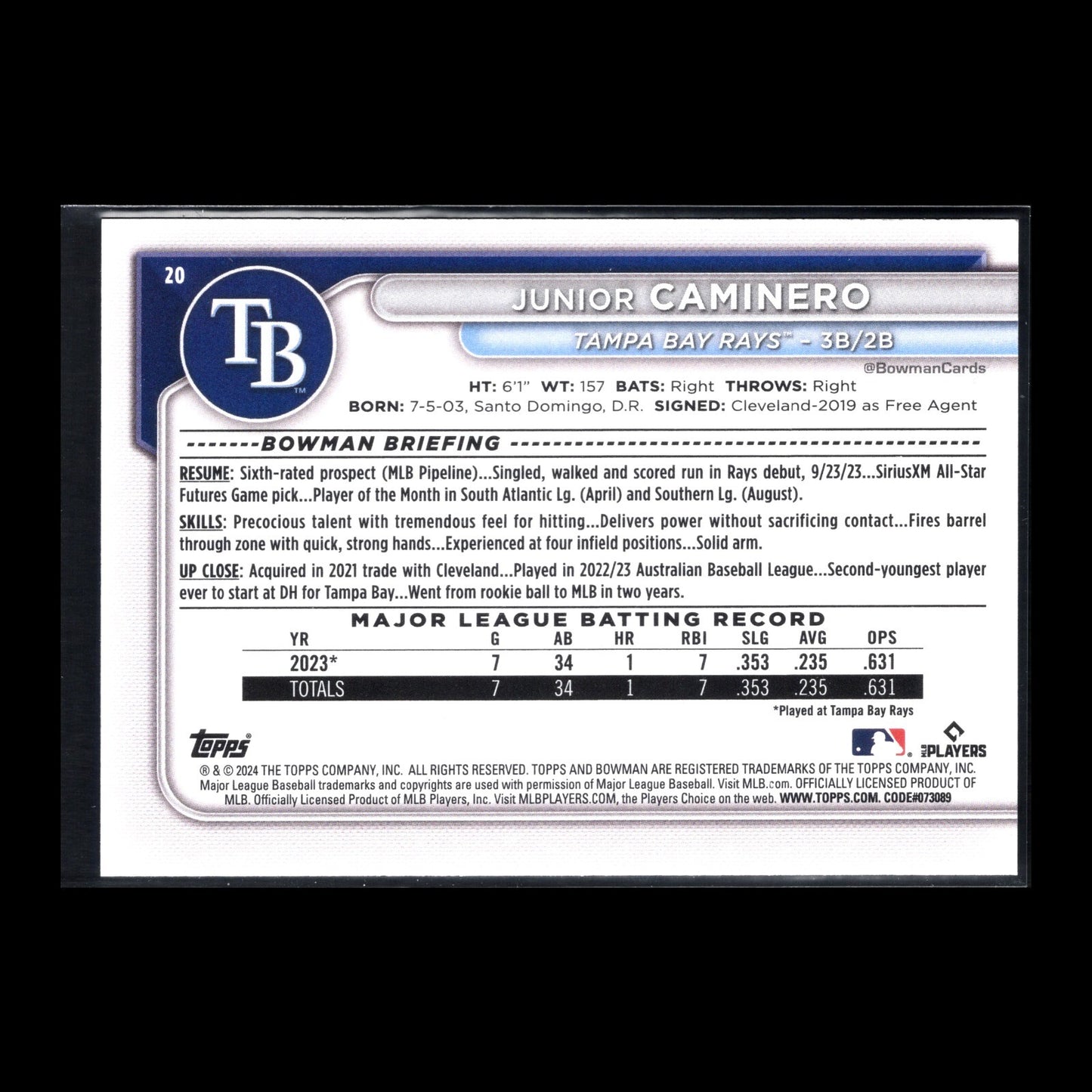 2024 Topps Bowman JUNIOR CAMINERO #20 Prospect RC - Tampa Bay Rays