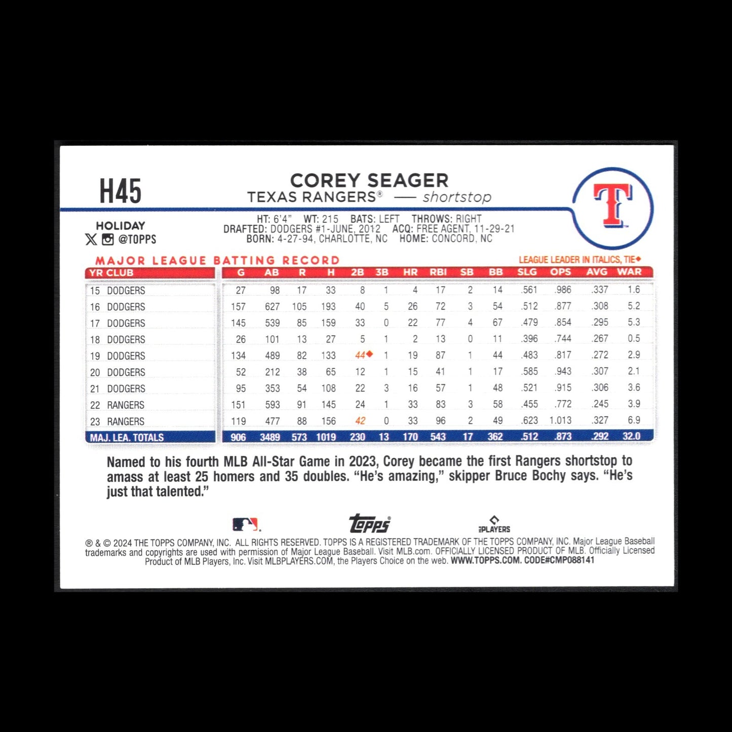 2024 Topps Holiday COREY SEAGER #H45 Holiday Tree - Texas Rangers