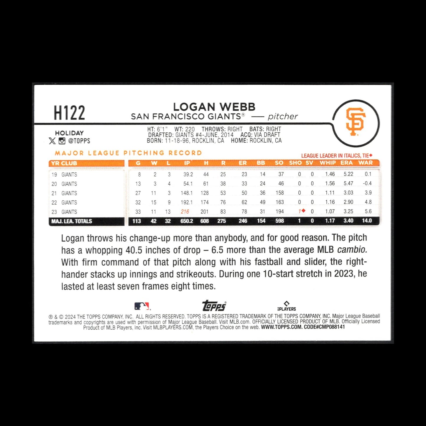 2024 Topps Holiday LOGAN WEBB #H122 Blue Metallic Holiday Tree