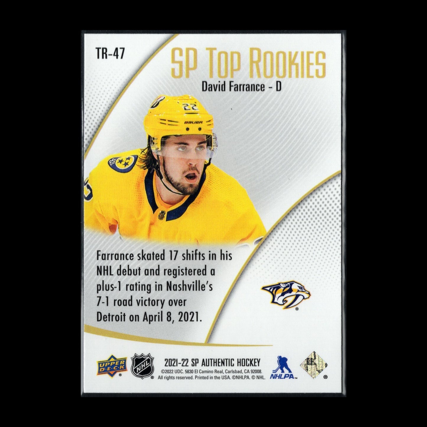 2021-22 UD SP Authentic DAVID FARRANCE #TR-47 SP Top Rookies RC