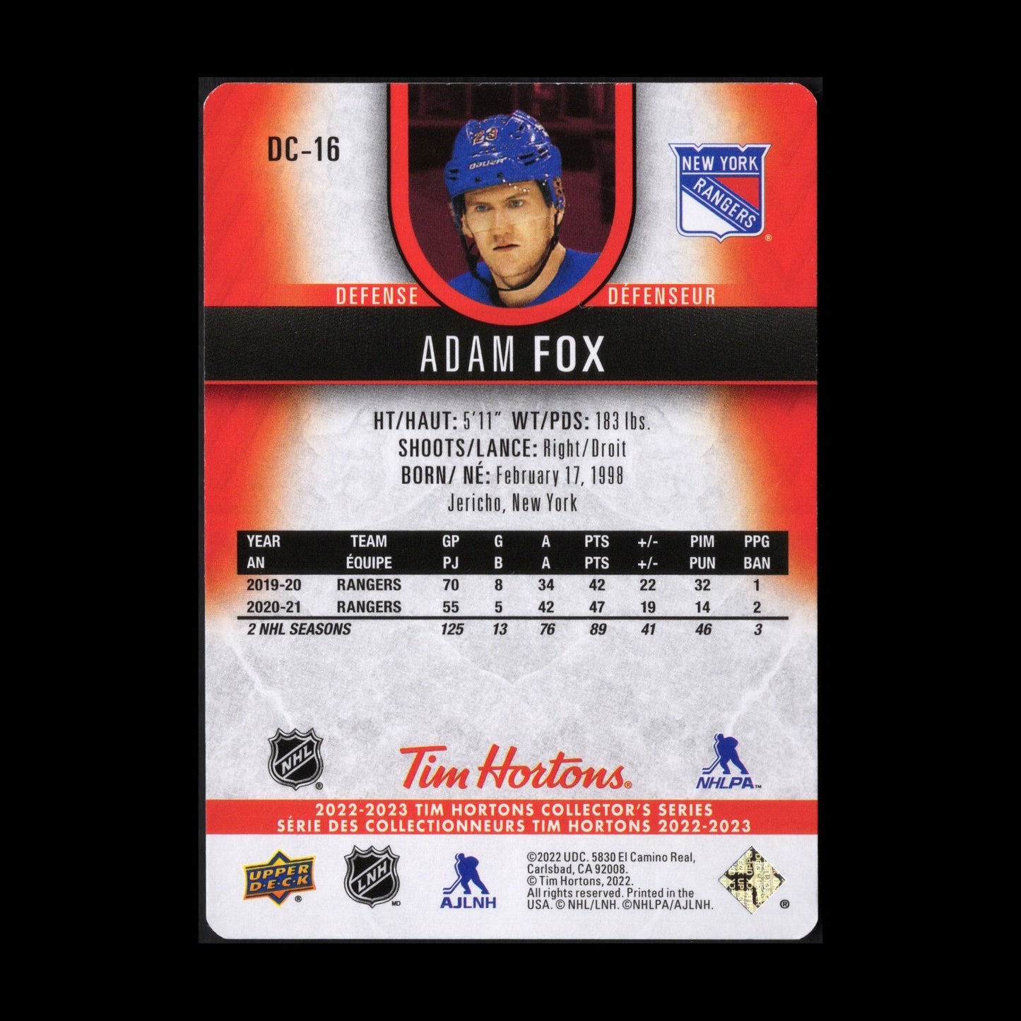 2022-23 UD Tim Hortons ADAM FOX #DC-16 Red Die-Cut - NY Rangers