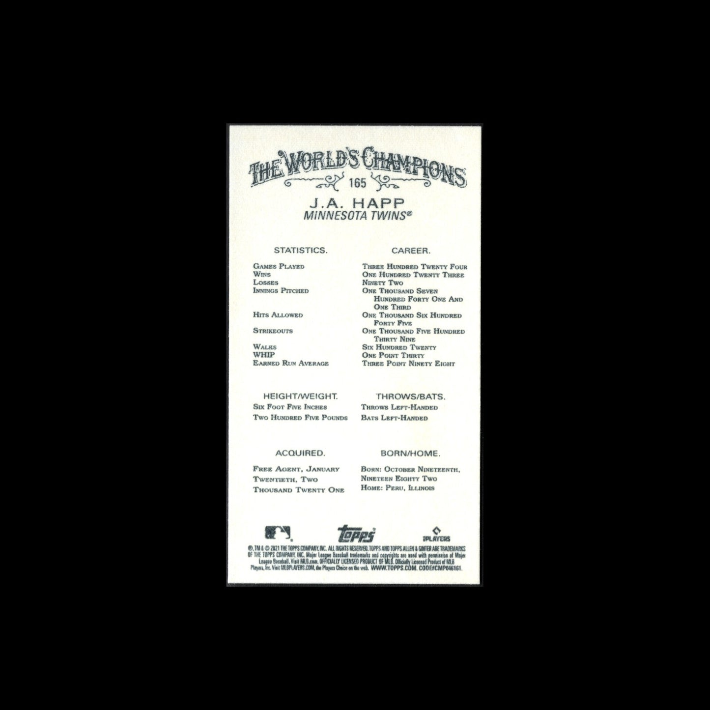 2021 Topps Allen & Ginter's J.A. HAPP #165 Mini - Minnesota Twins