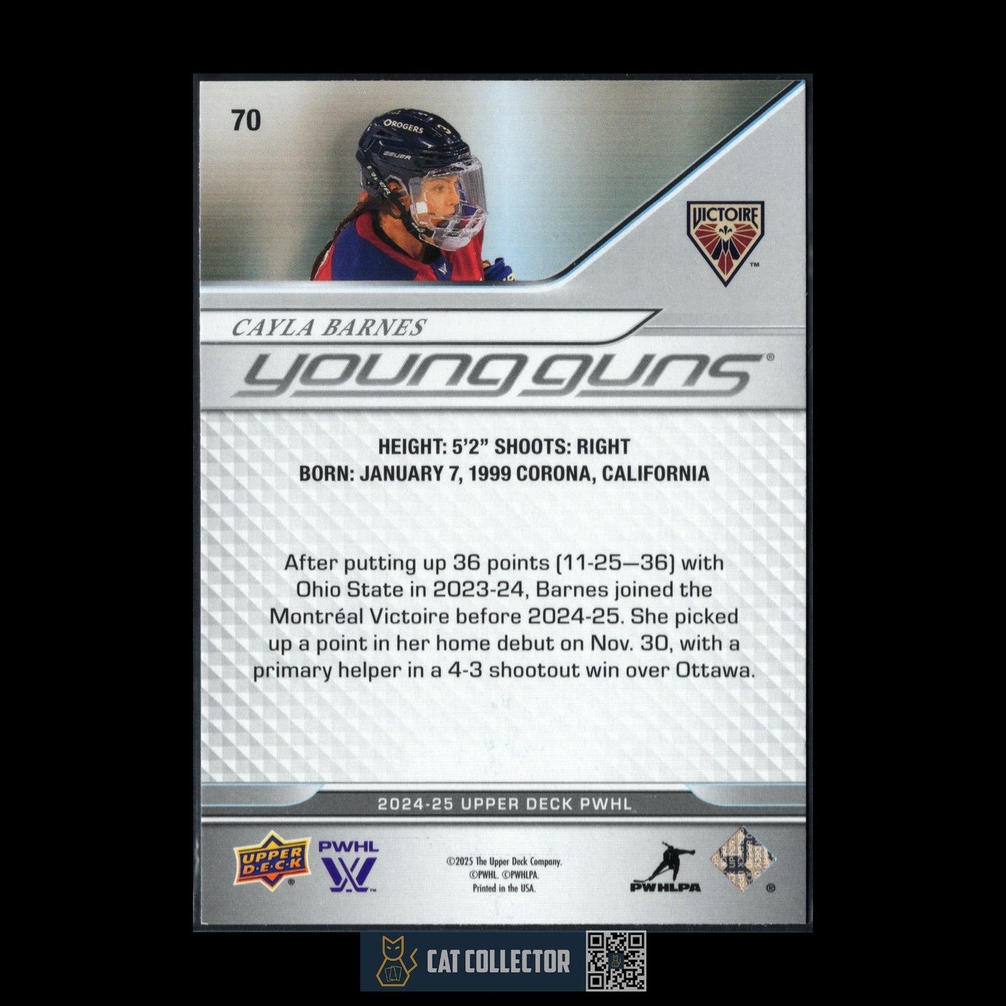2024-25 UD PWHL CAYLA BARNES #70 Young guns RC Rookie