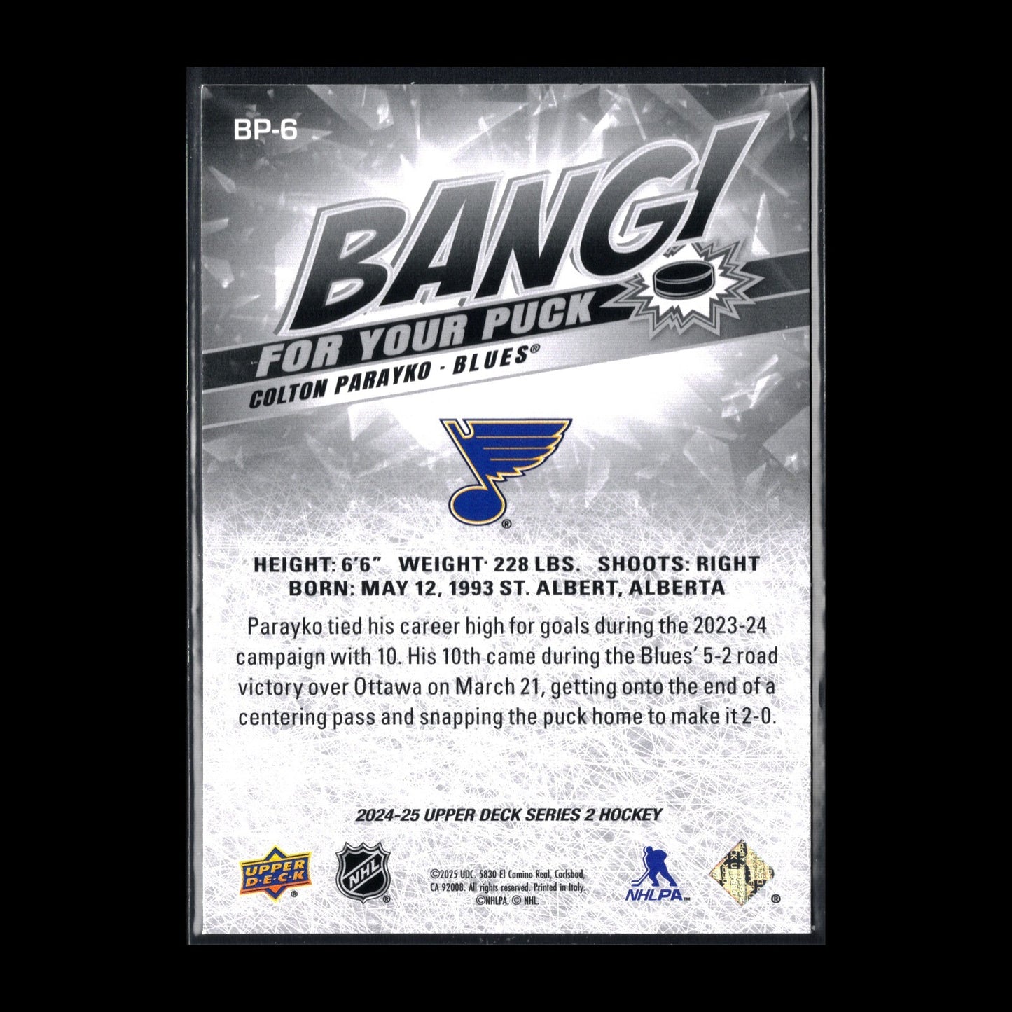 2024-25 UD Series 2 COLTON PARAYKO #BP-6 Bang for your puck - St. Louis Blues