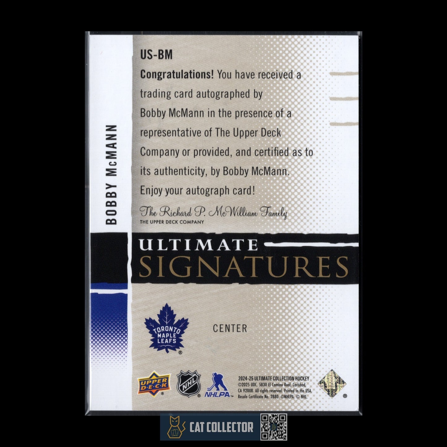 2024-25 UD Ultimate Collection BOBBY MCMANN #US-BM Ultimate Signatures Auto