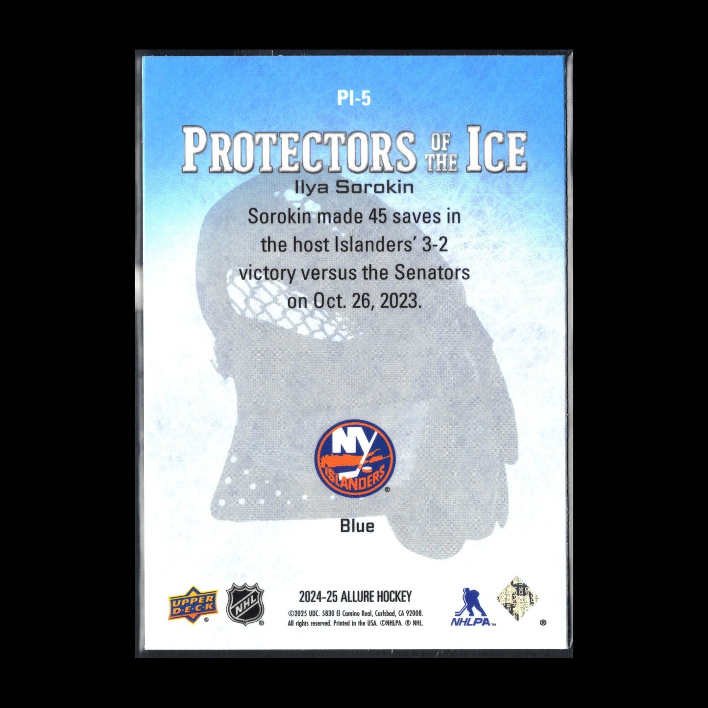 2024-25 UD Allure IGOR SOROKIN #PI-5 Protectors of the Ice Blue - NY Islanders