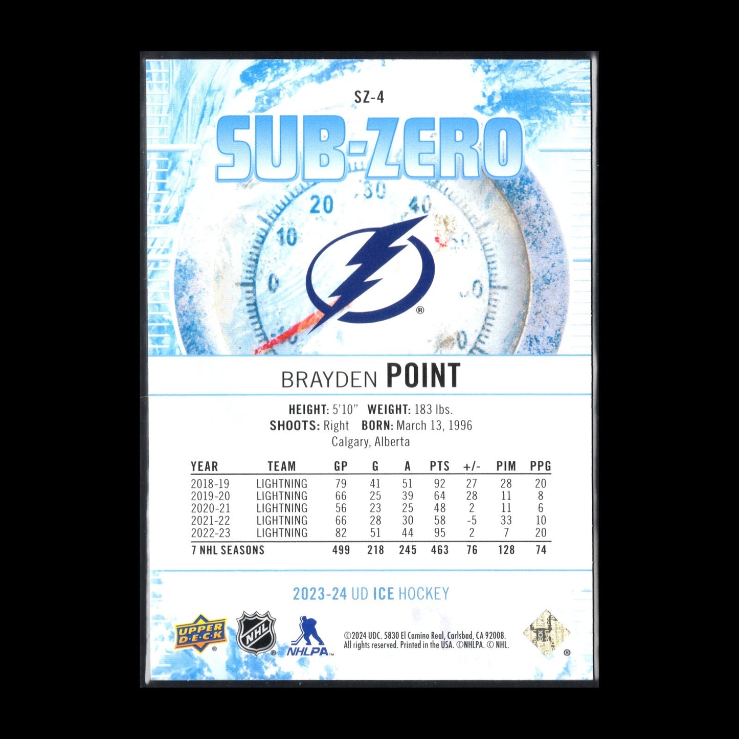 2023-24 UD Ice BRAYDEN POINT #SZ-4 Sub-Zero - Tampa Bay Lightning