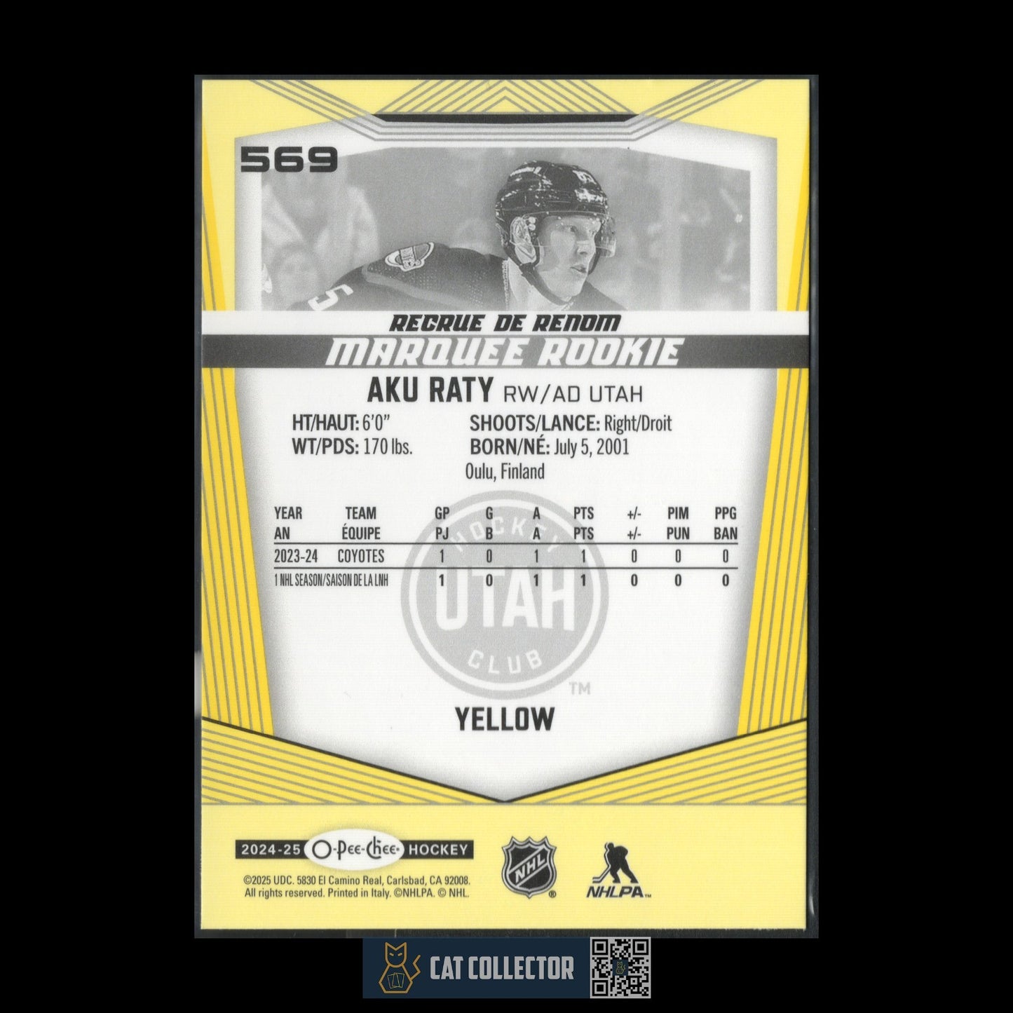 2024-25 O-Pee-Chee Hockey AKU RATY #569 Marquee Rookie Yellow border parallel RC